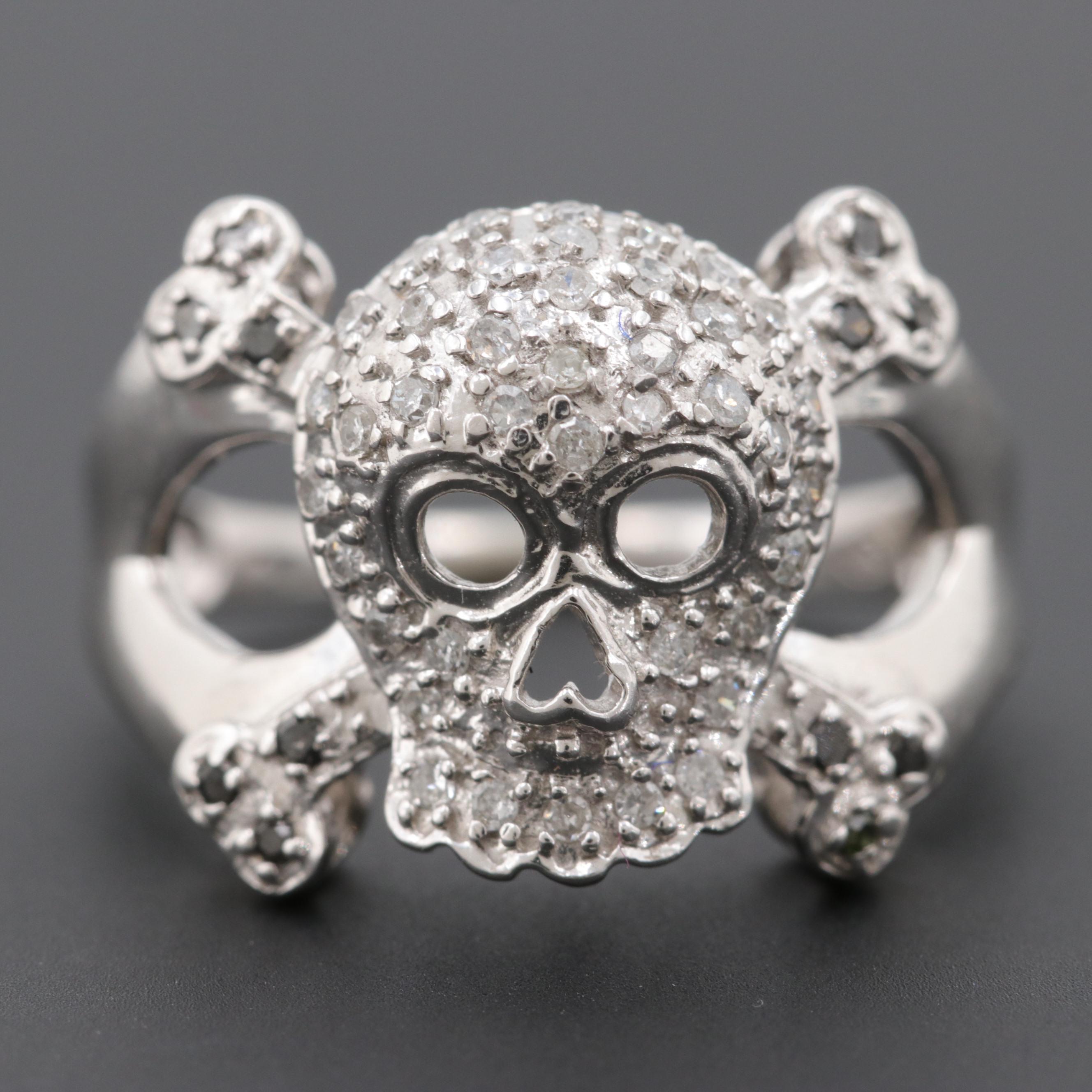 10K White Gold Diamond Skull and Bones Ring