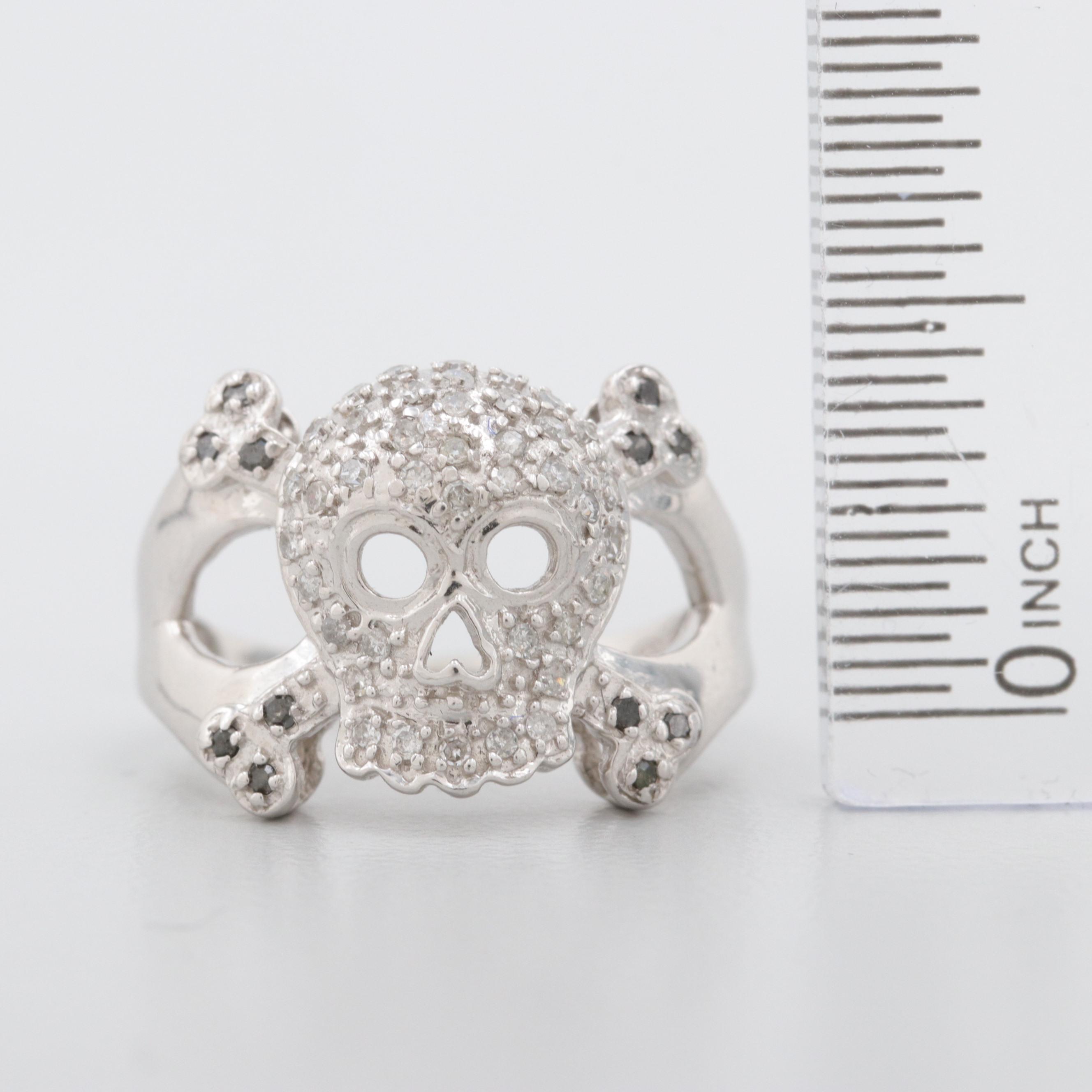 10K White Gold Diamond Skull and Bones Ring