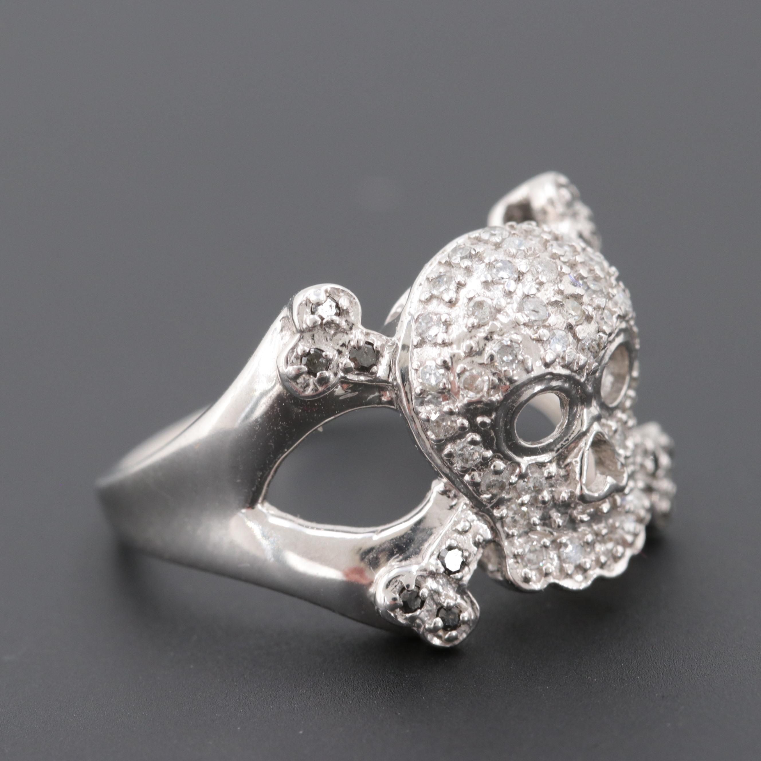 10K White Gold Diamond Skull and Bones Ring