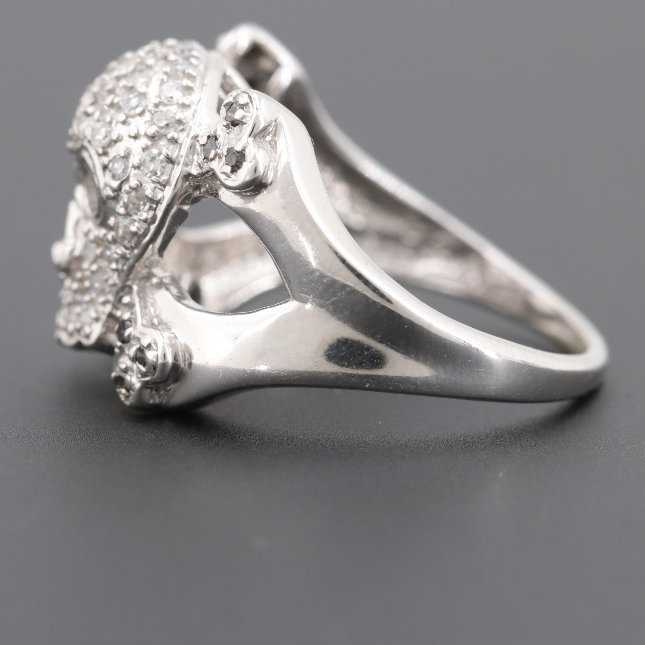10K White Gold Diamond Skull and Bones Ring
