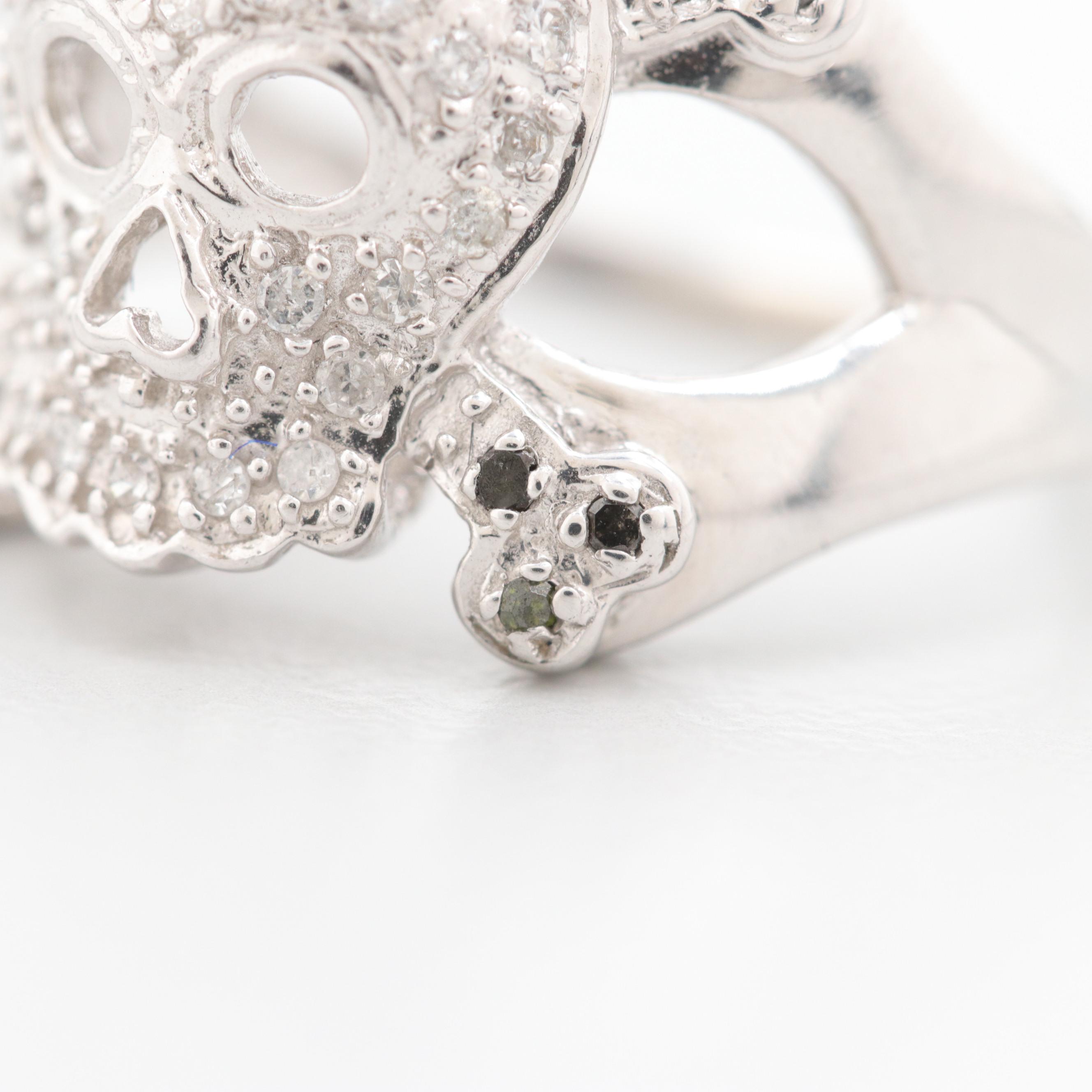 10K White Gold Diamond Skull and Bones Ring