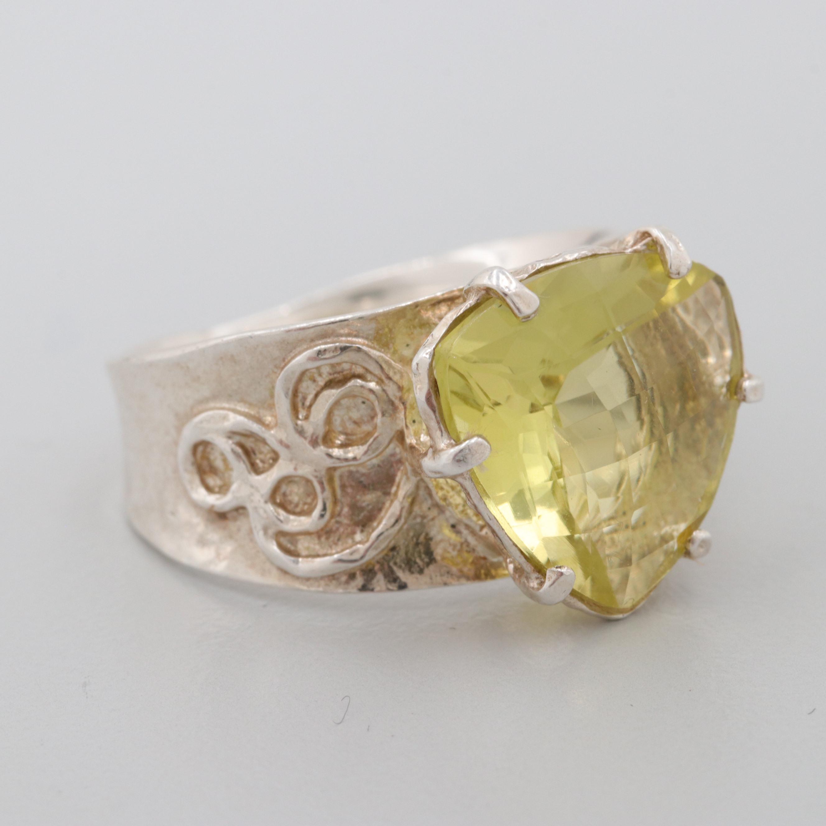 Israeli Sterling Silver Quartz Hammered Ring