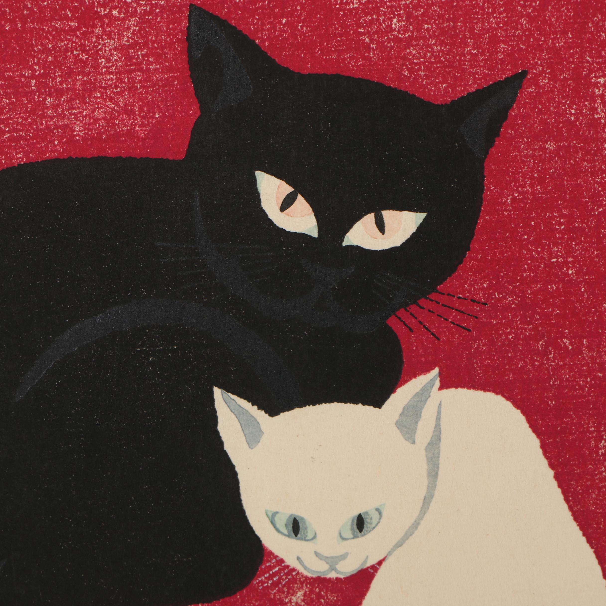 Iku Nagai Woodblock Print "Black Cat and White Cat"