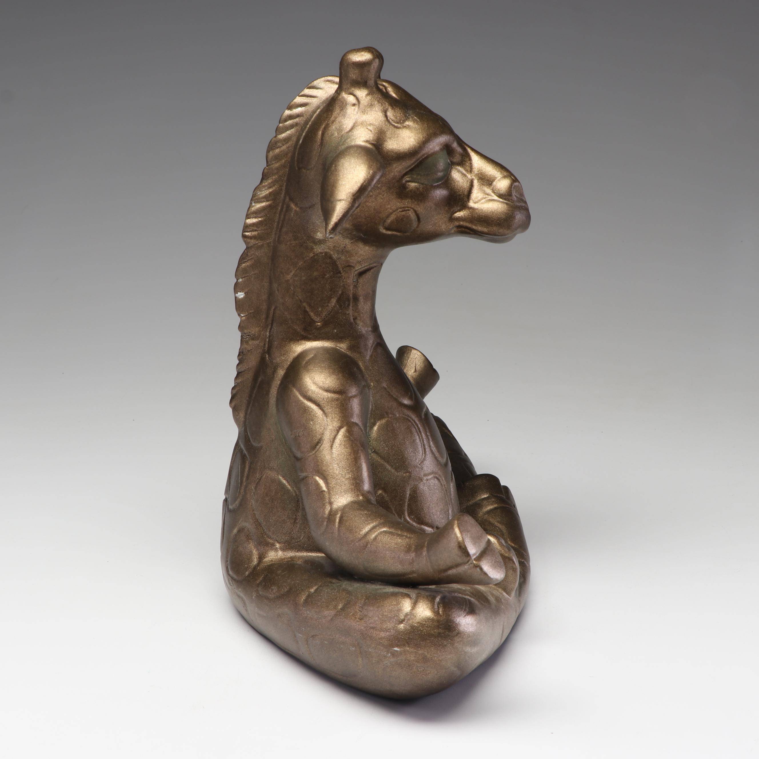 Mid Century Gold Ceramic Meditating Giraffe Sculpture, 1970s