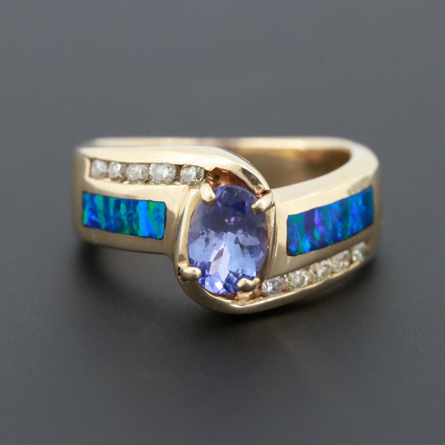 14K Yellow Gold Tanzanite, Diamond and Synthetic Opal Ring