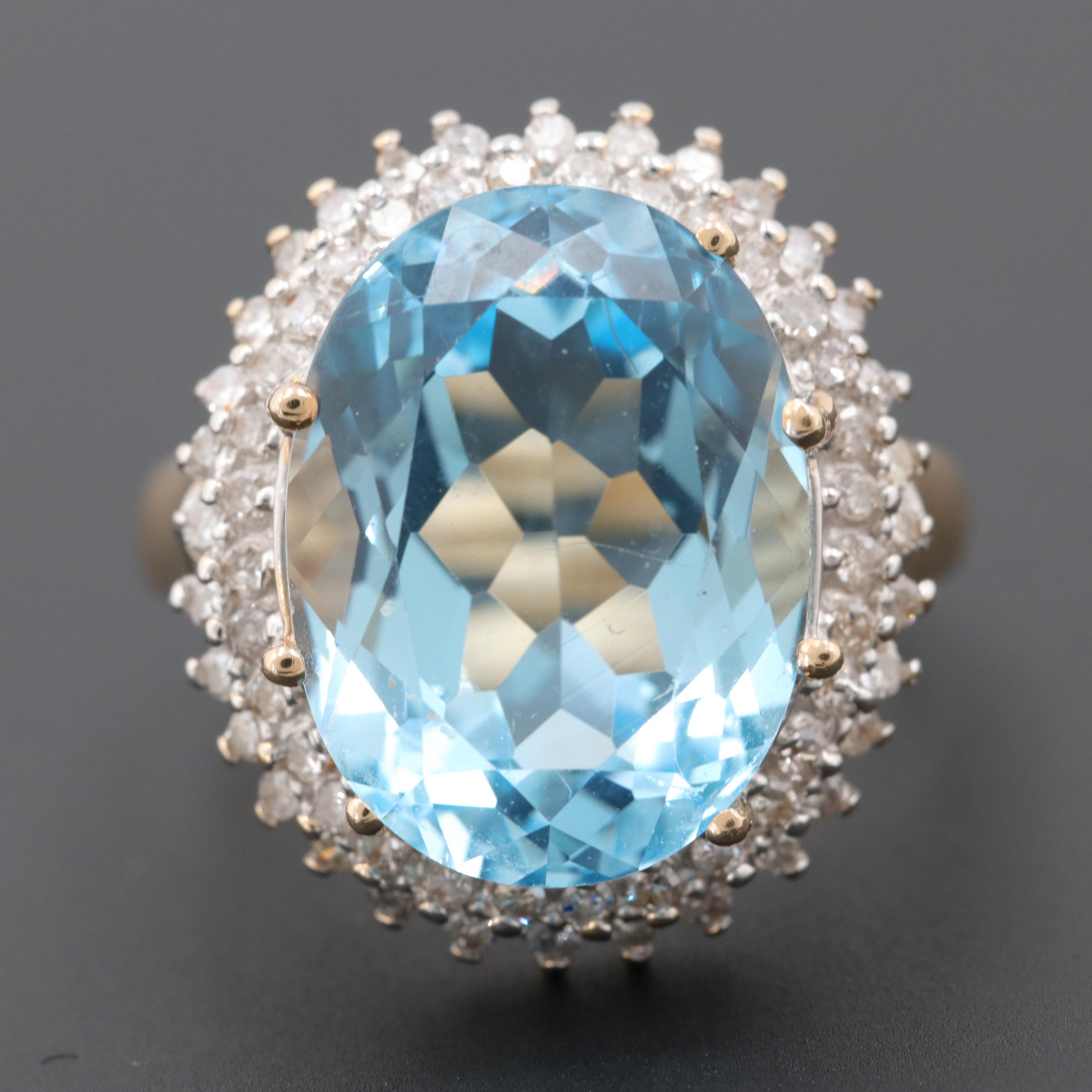 14K Yellow Gold 11.99 CT Blue Topaz and Diamond Ring