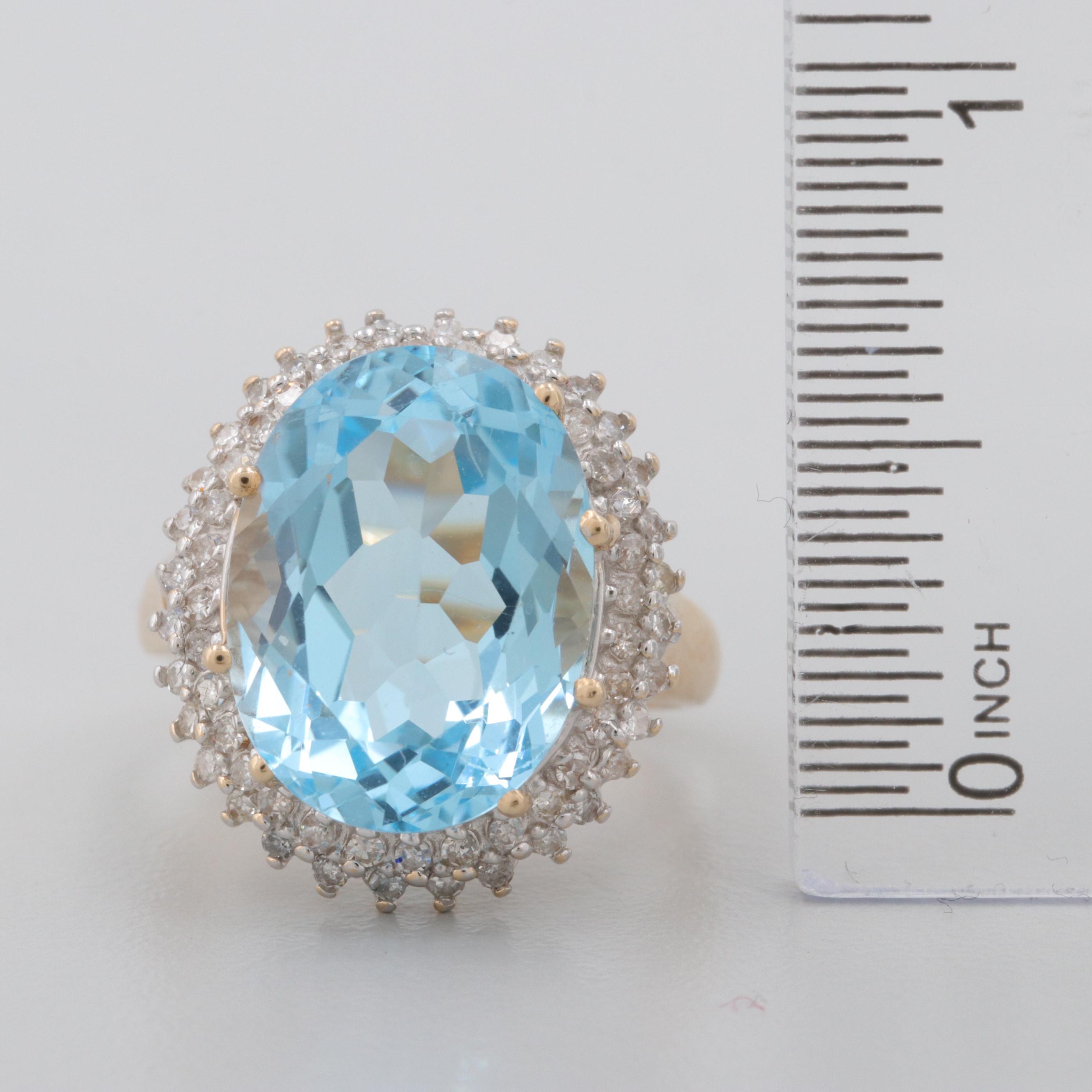 14K Yellow Gold 11.99 CT Blue Topaz and Diamond Ring
