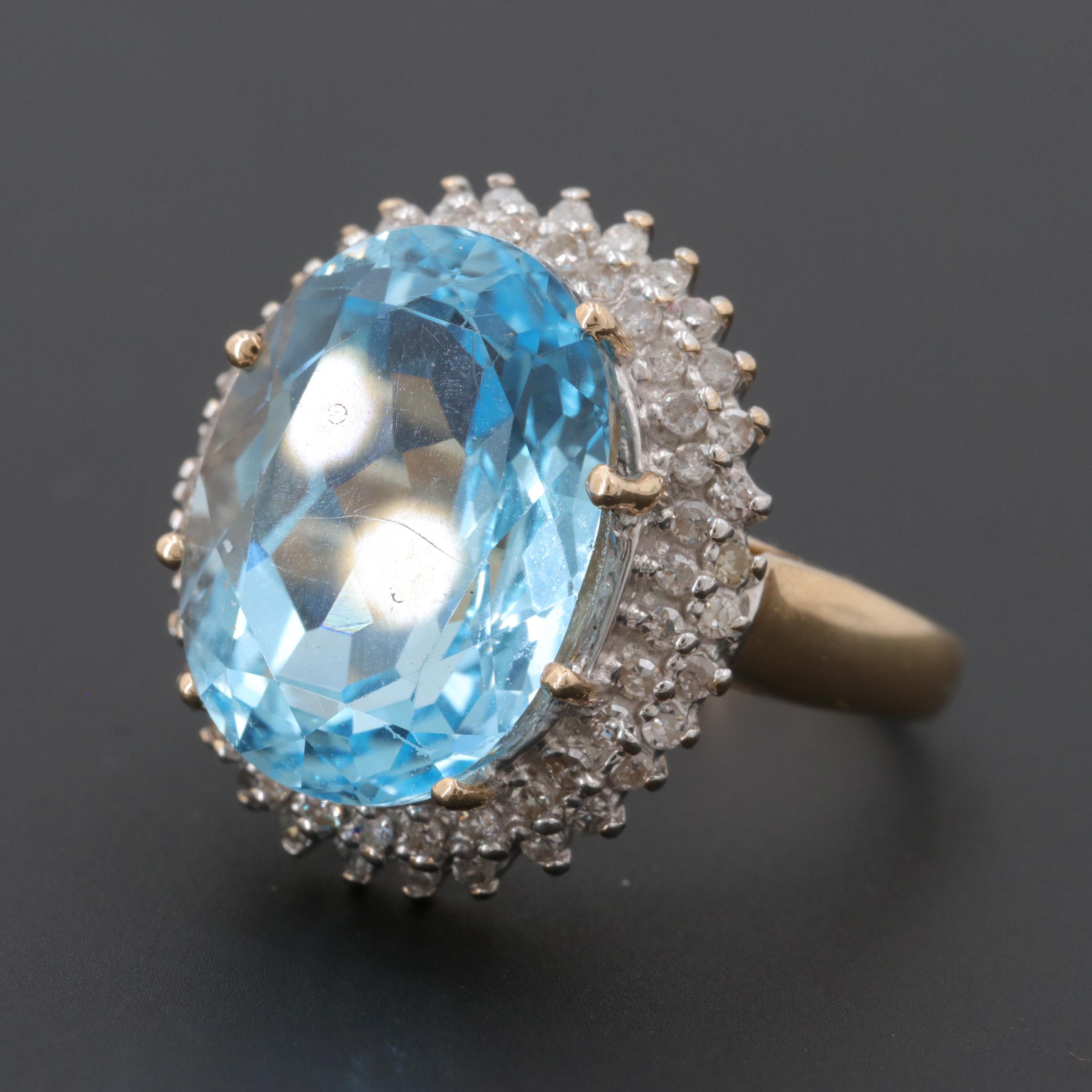 14K Yellow Gold 11.99 CT Blue Topaz and Diamond Ring