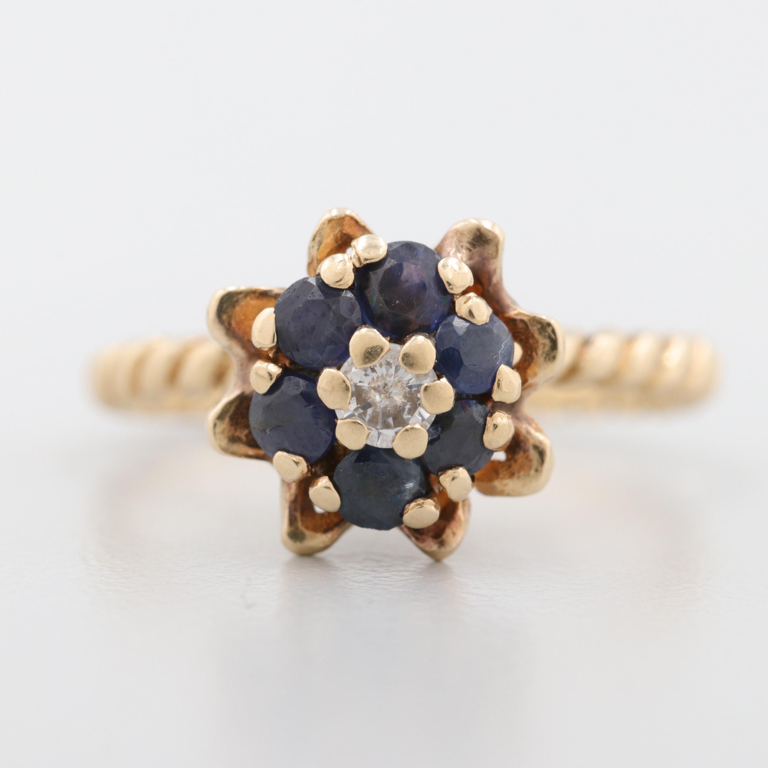 14K Yellow Gold Blue Diamond and Blue Sapphire Ring