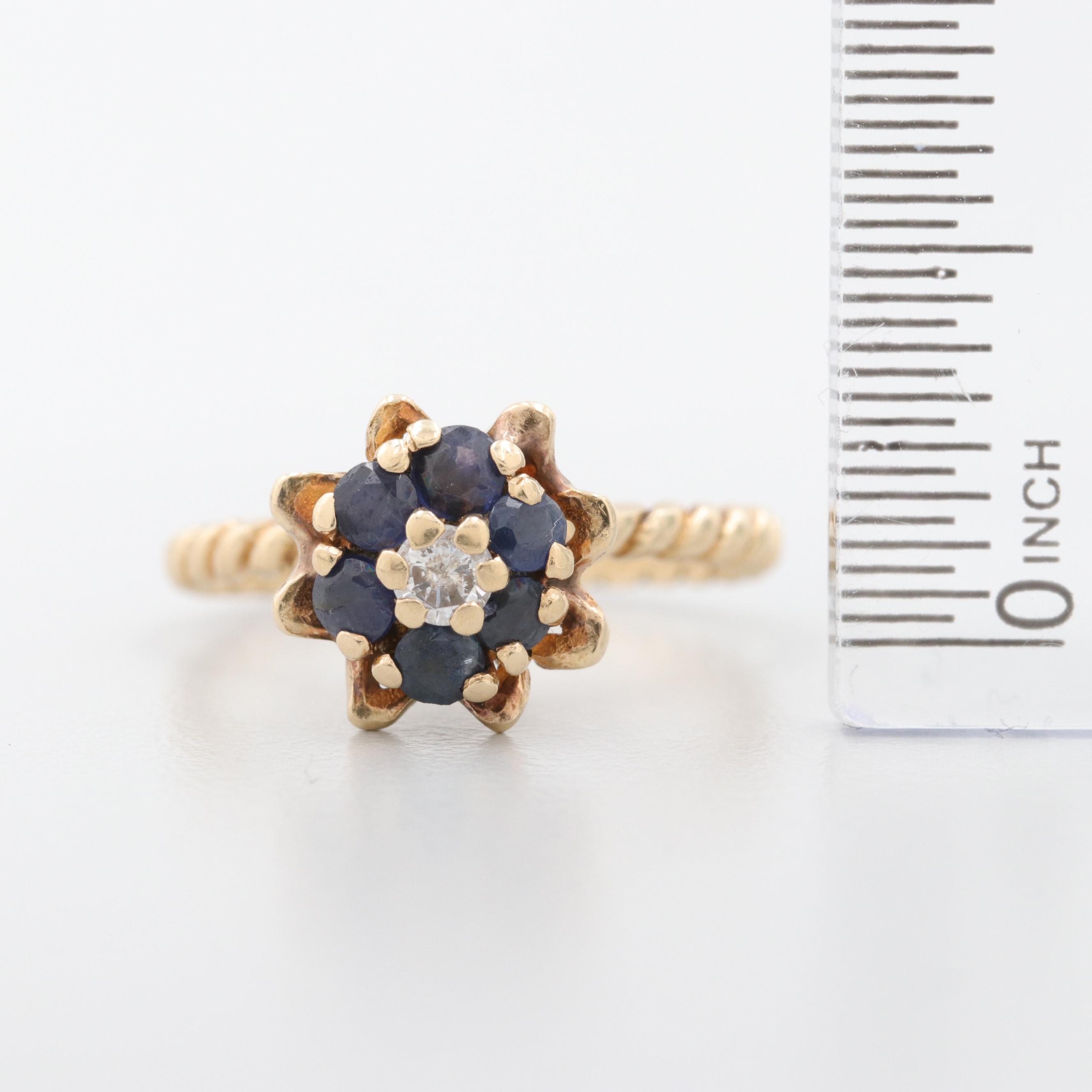 14K Yellow Gold Blue Diamond and Blue Sapphire Ring