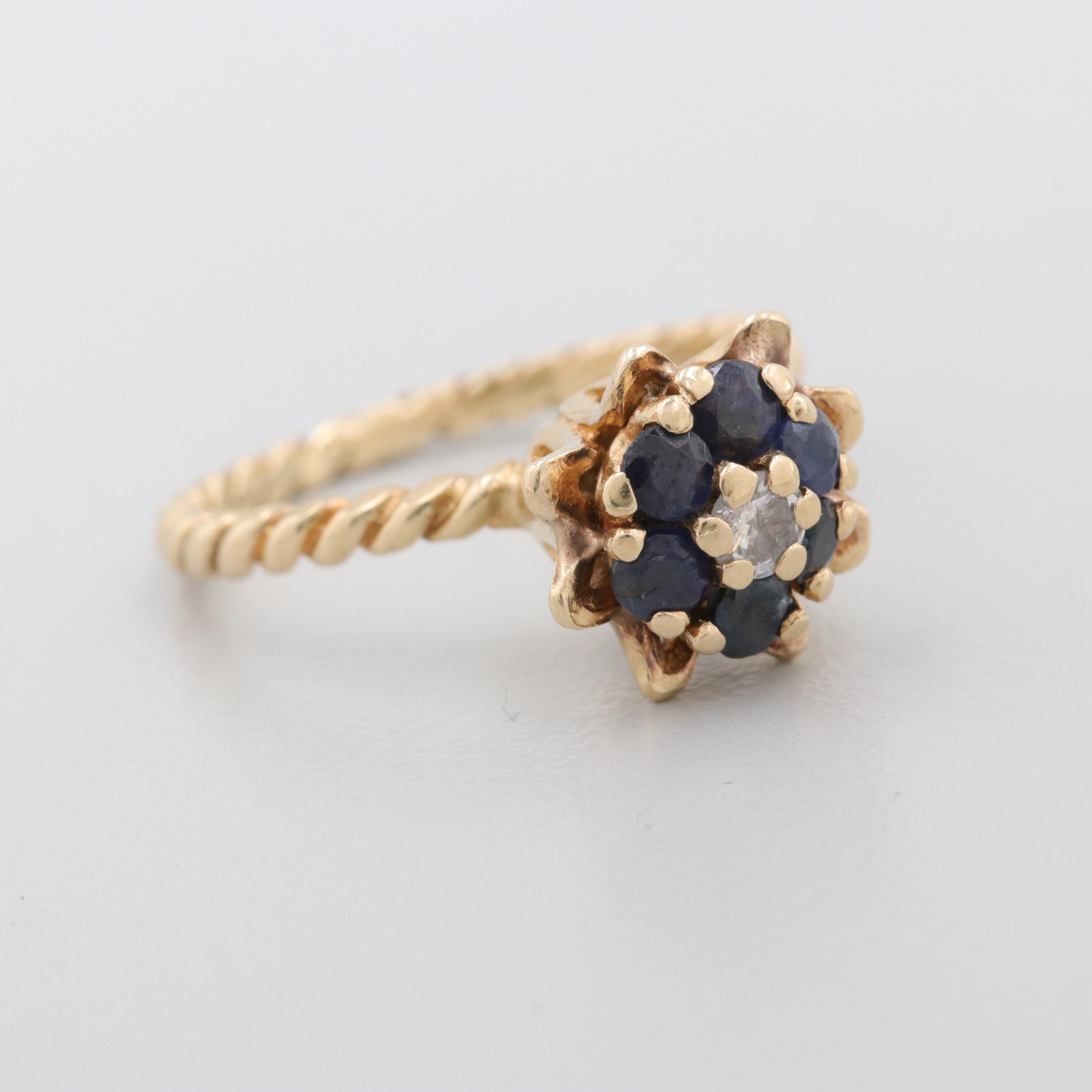 14K Yellow Gold Blue Diamond and Blue Sapphire Ring
