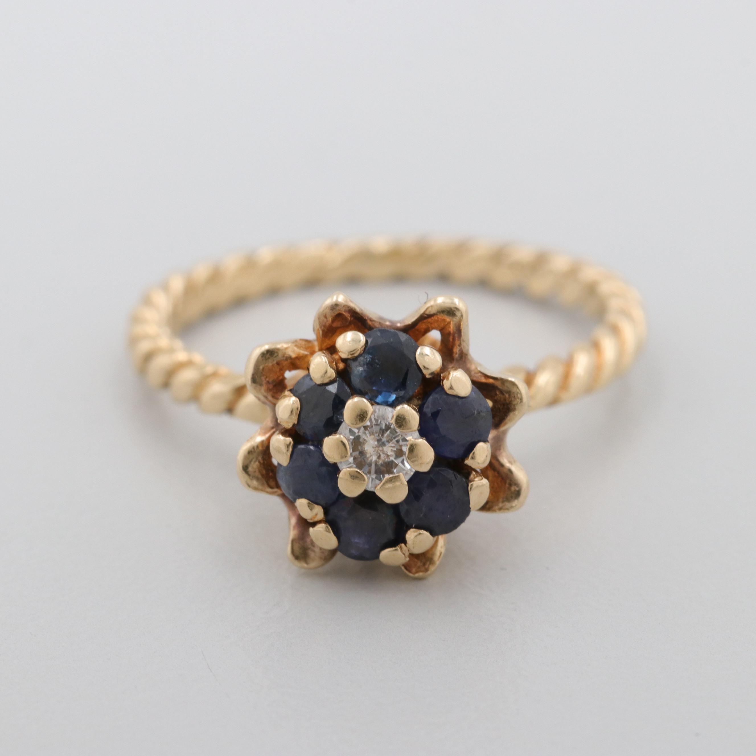 14K Yellow Gold Blue Diamond and Blue Sapphire Ring