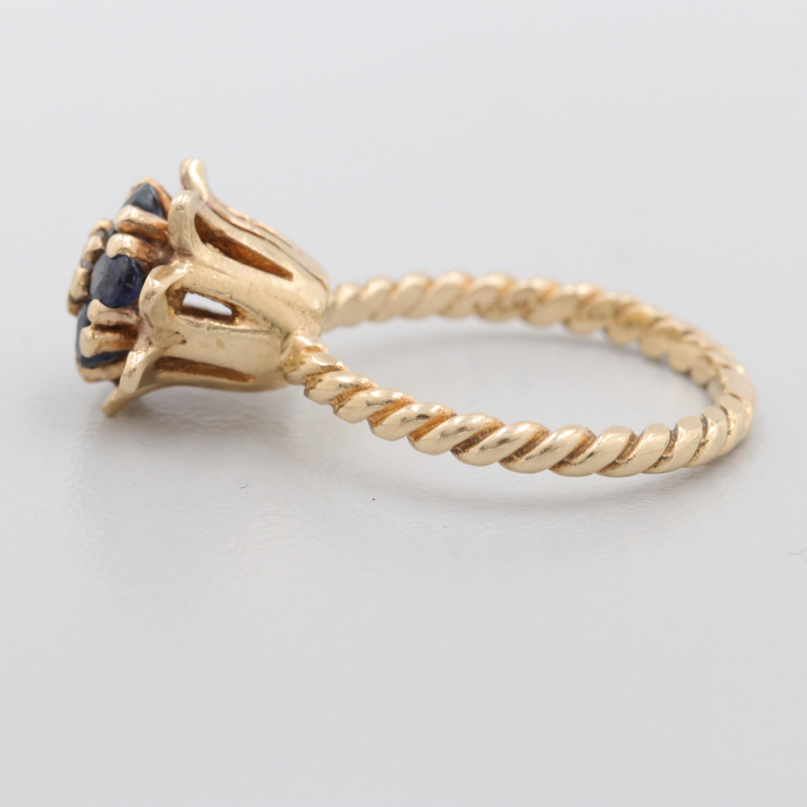 14K Yellow Gold Blue Diamond and Blue Sapphire Ring