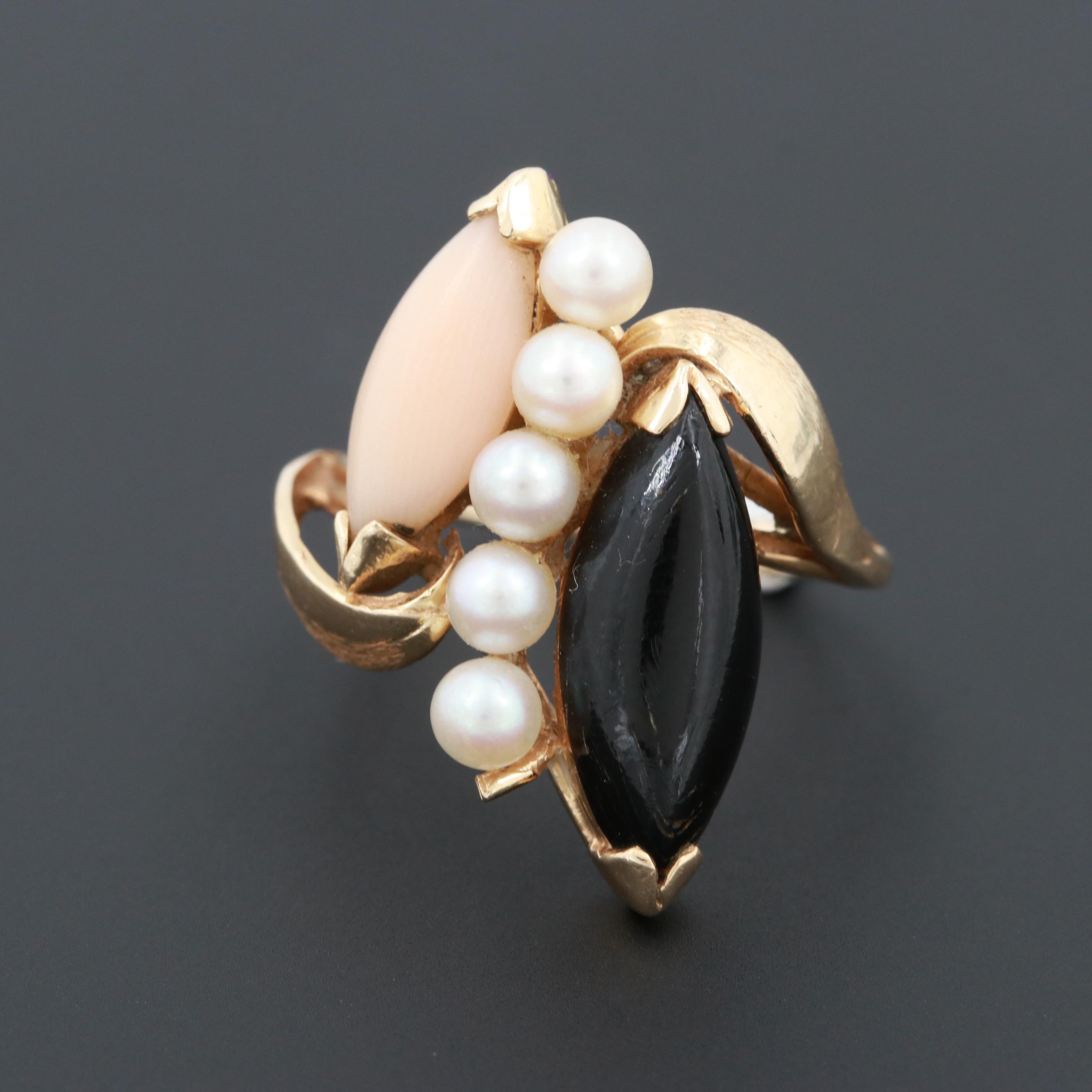14K Yellow Gold Black Coral, Cultured Pearl and Angel Skin Coral Ring