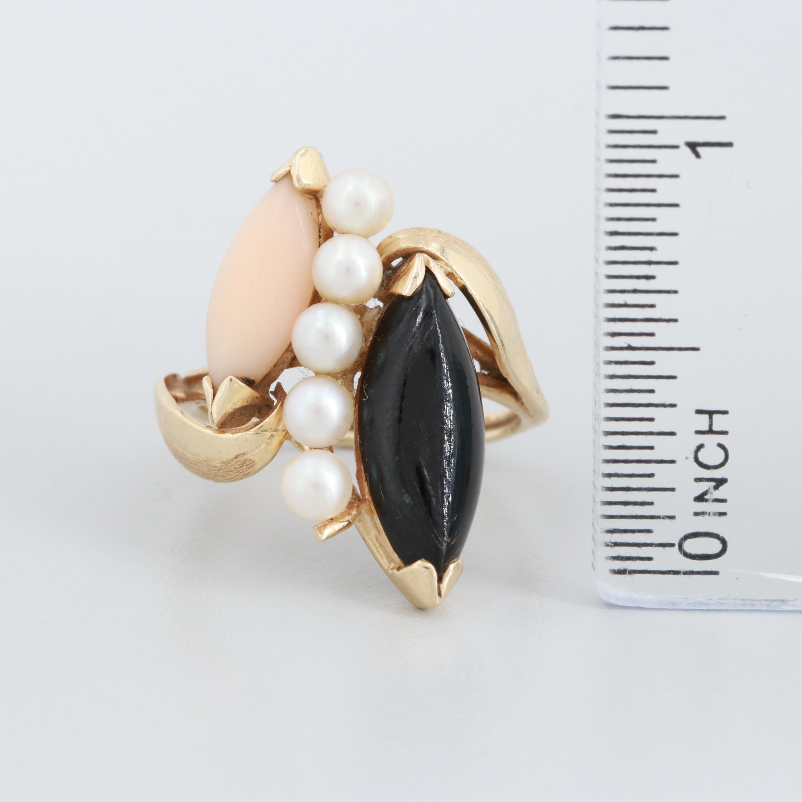 14K Yellow Gold Black Coral, Cultured Pearl and Angel Skin Coral Ring