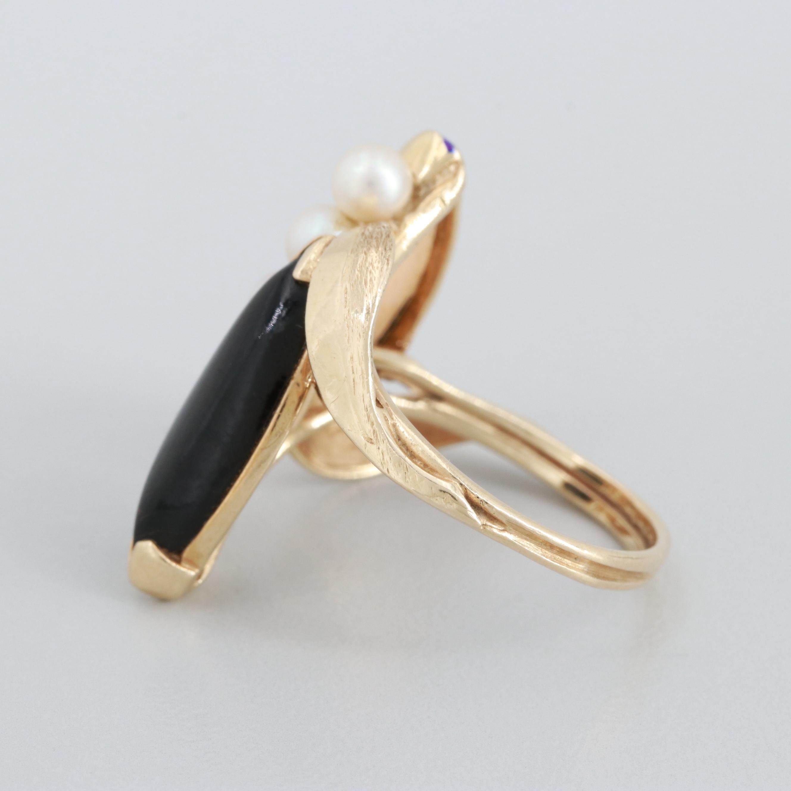 14K Yellow Gold Black Coral, Cultured Pearl and Angel Skin Coral Ring
