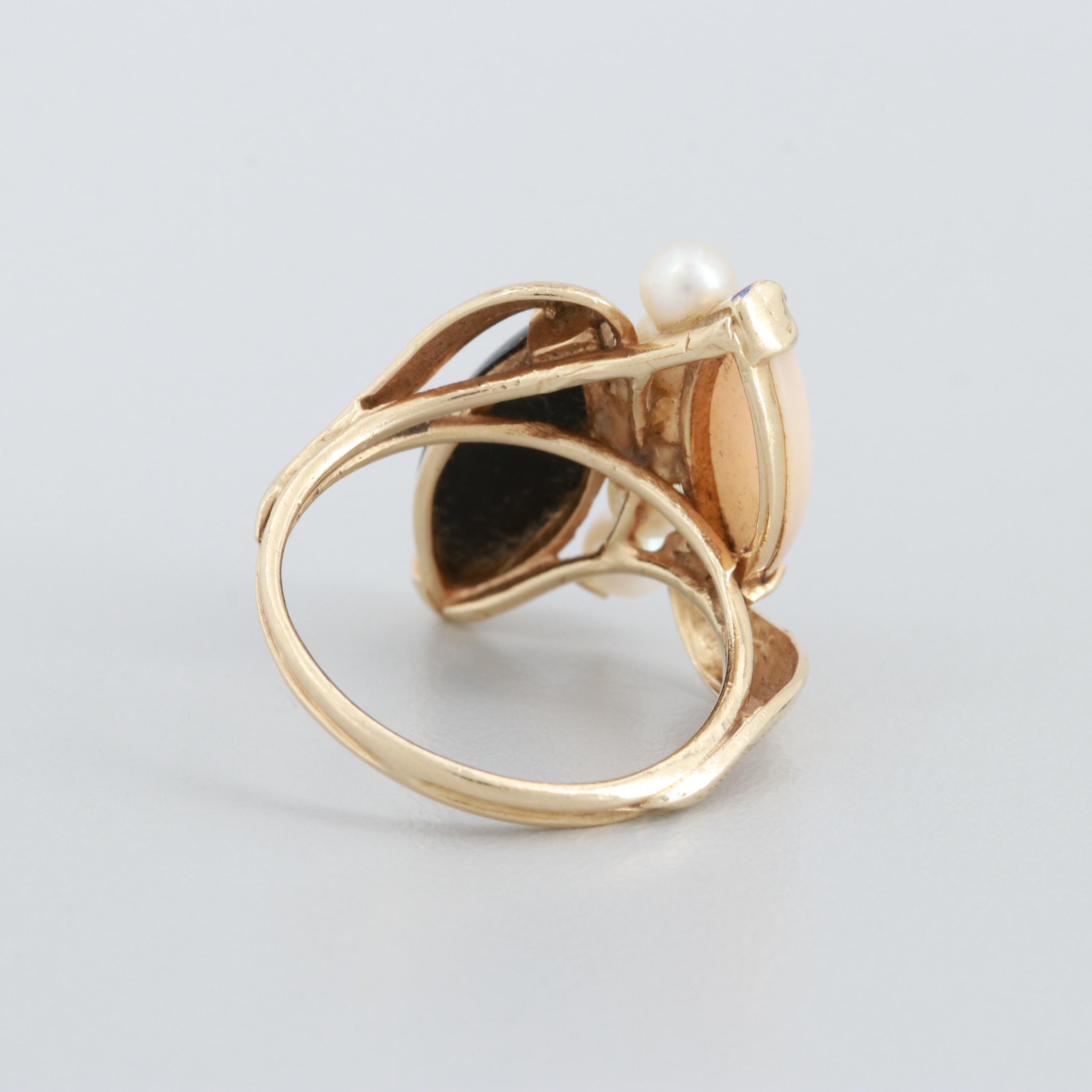 14K Yellow Gold Black Coral, Cultured Pearl and Angel Skin Coral Ring