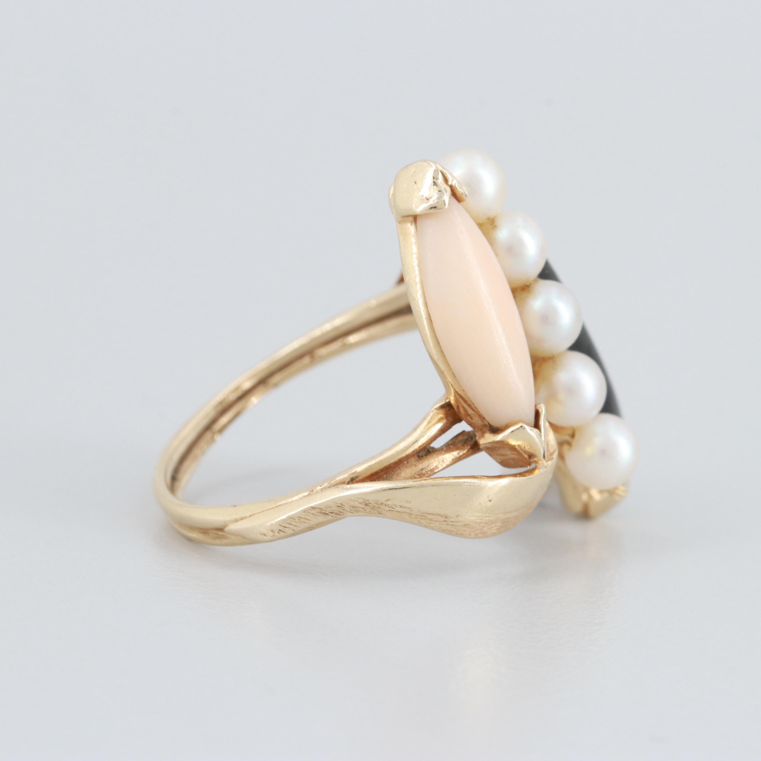 14K Yellow Gold Black Coral, Cultured Pearl and Angel Skin Coral Ring