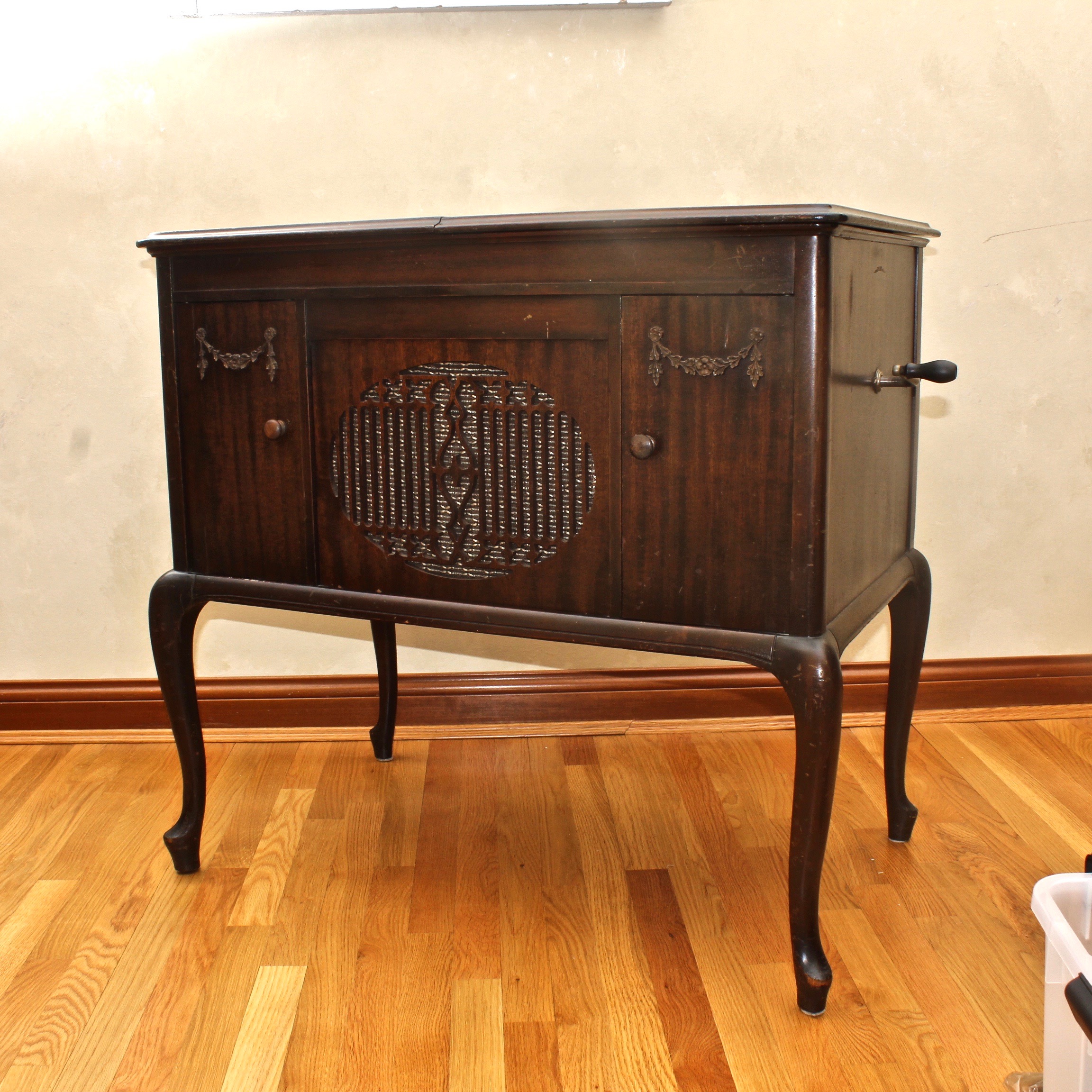 Antique Victrola Table and Record Selection