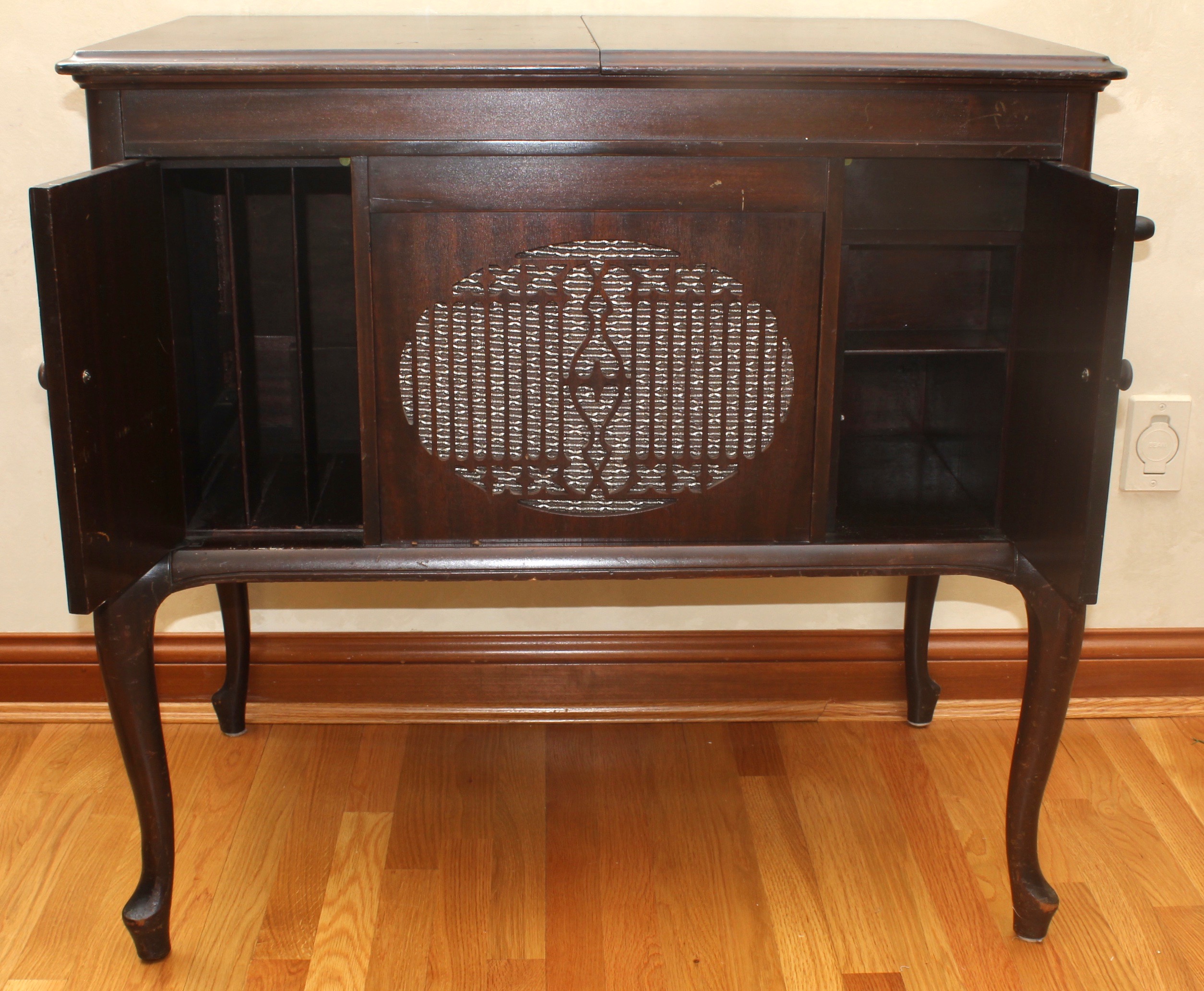 Antique Victrola Table and Record Selection