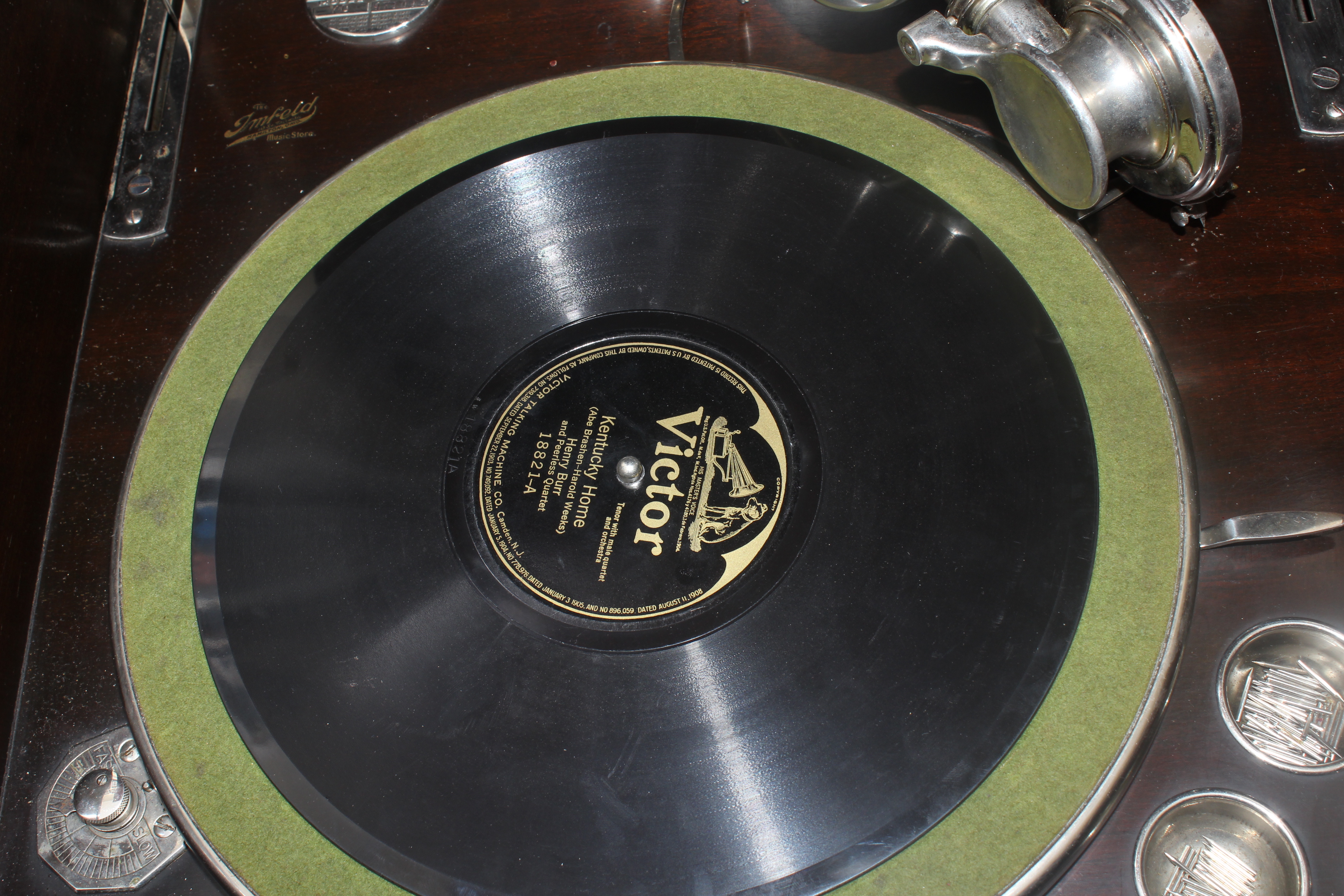 Antique Victrola Table and Record Selection