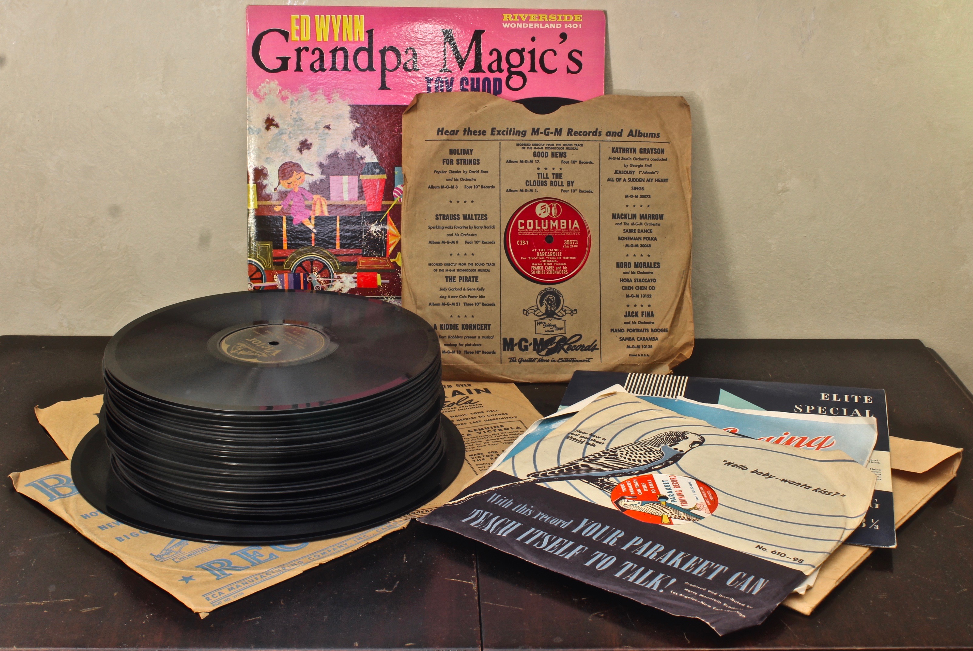 Antique Victrola Table and Record Selection