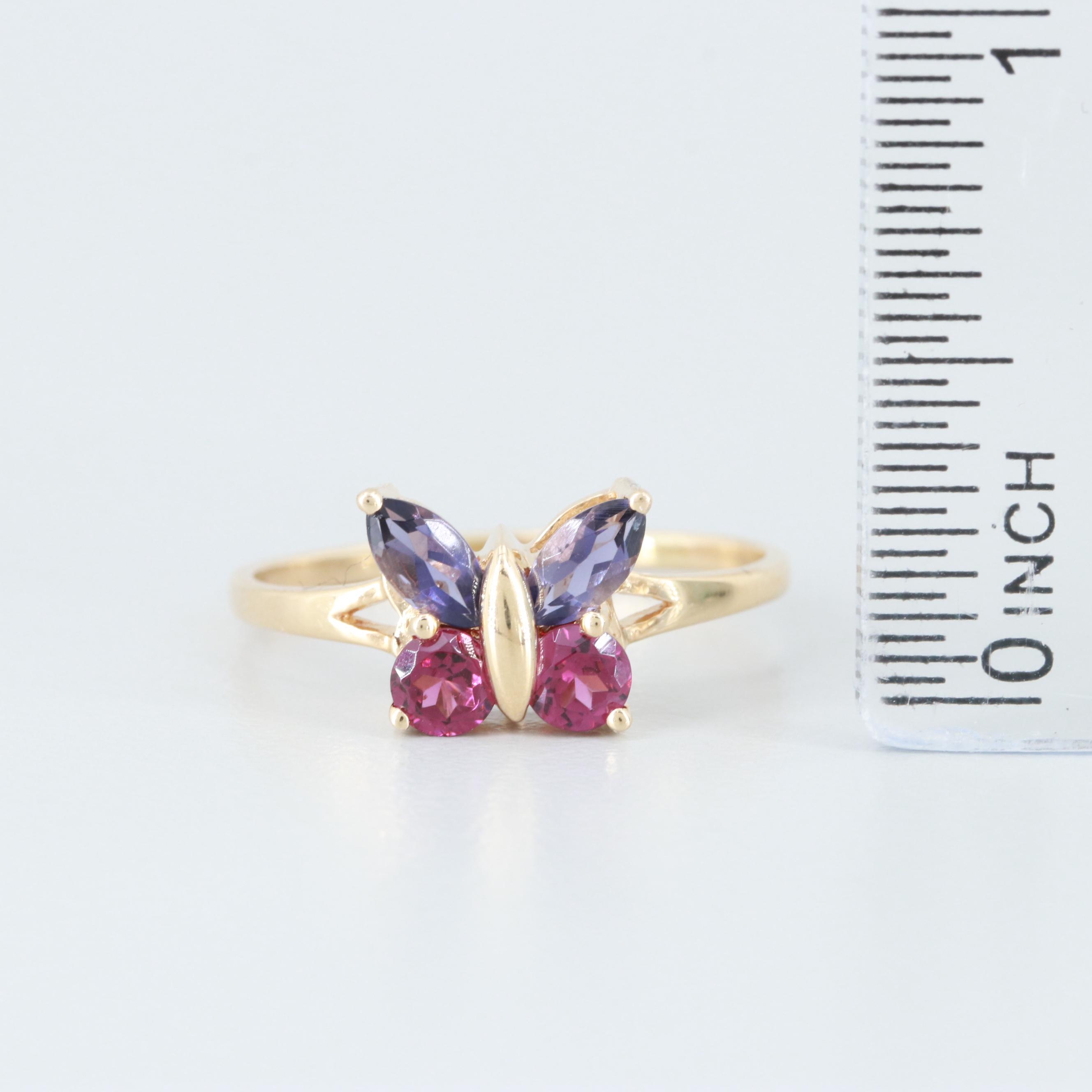 14K Yellow Gold Rhodolite Garnet and Iolite Butterfly Ring