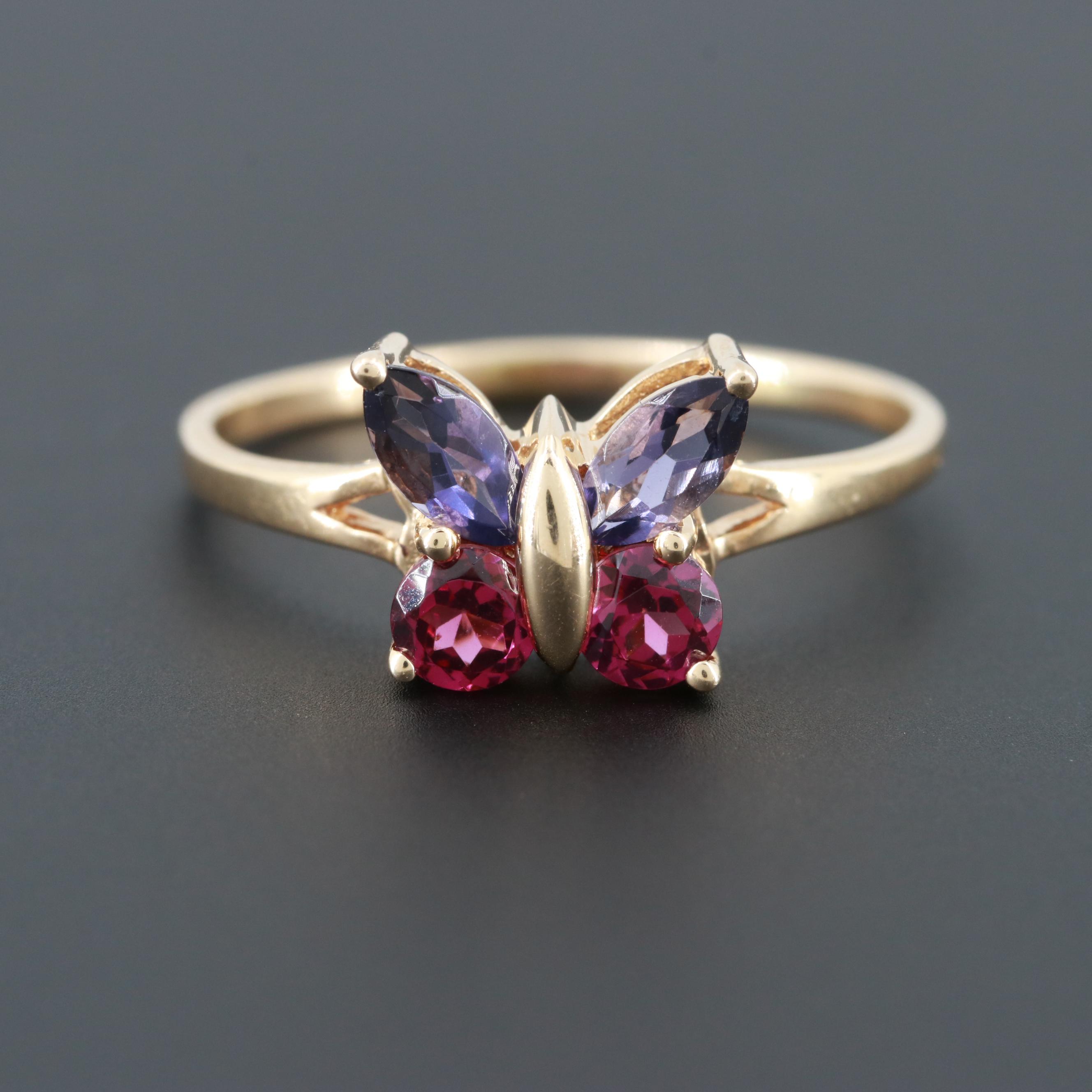 14K Yellow Gold Rhodolite Garnet and Iolite Butterfly Ring