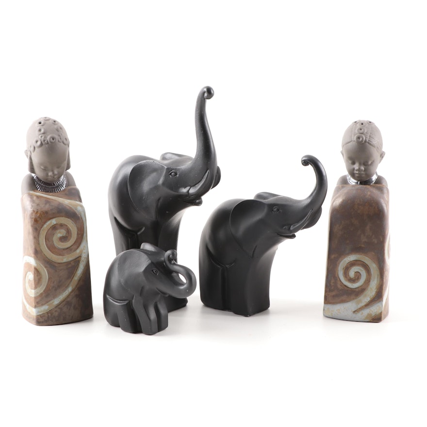 African Ceramic Salt and Pepper Shakers and Carved Elephant Decor