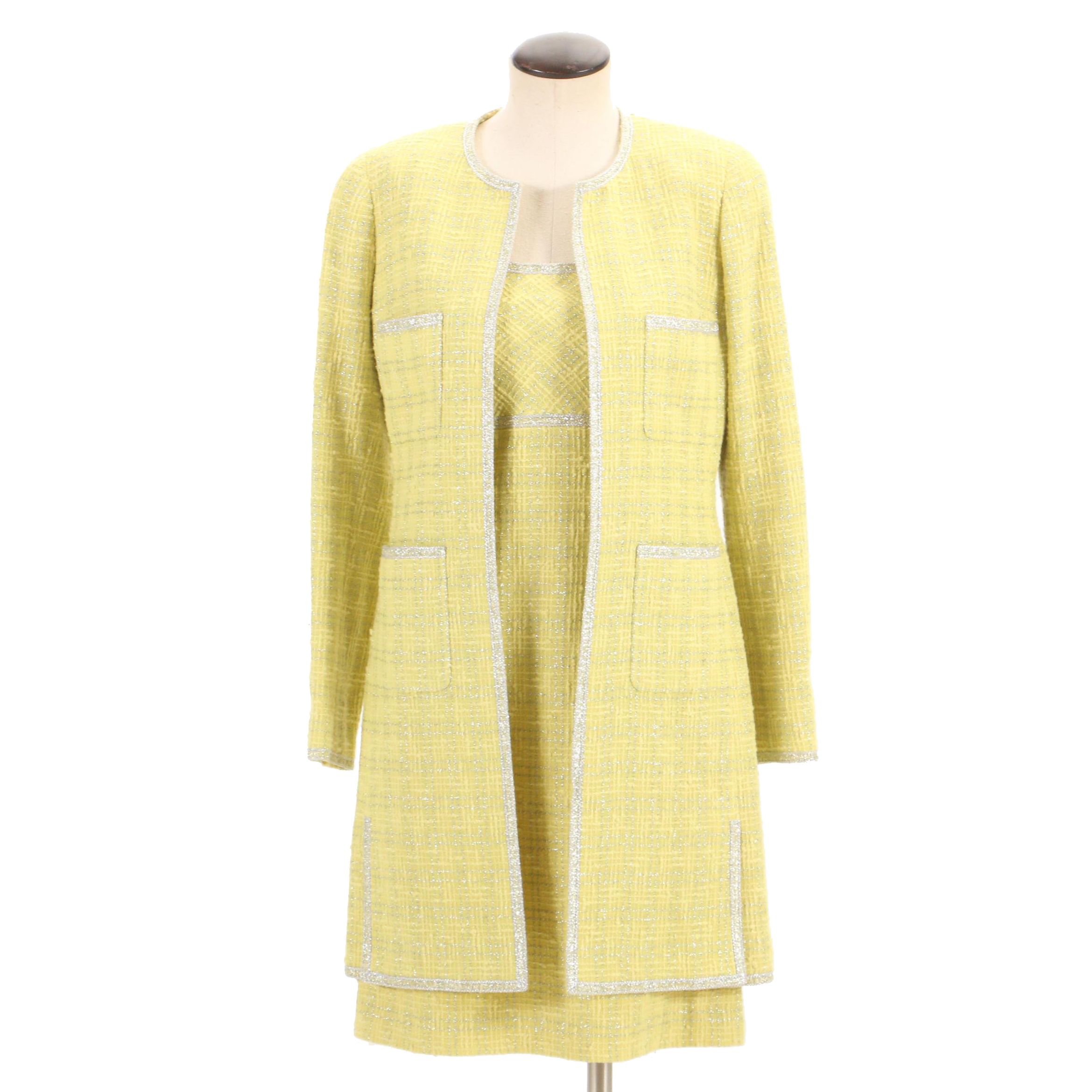 Chanel Spring/Summer 1997 Chartreuse and Metallic Silver Tweed Dress Suit