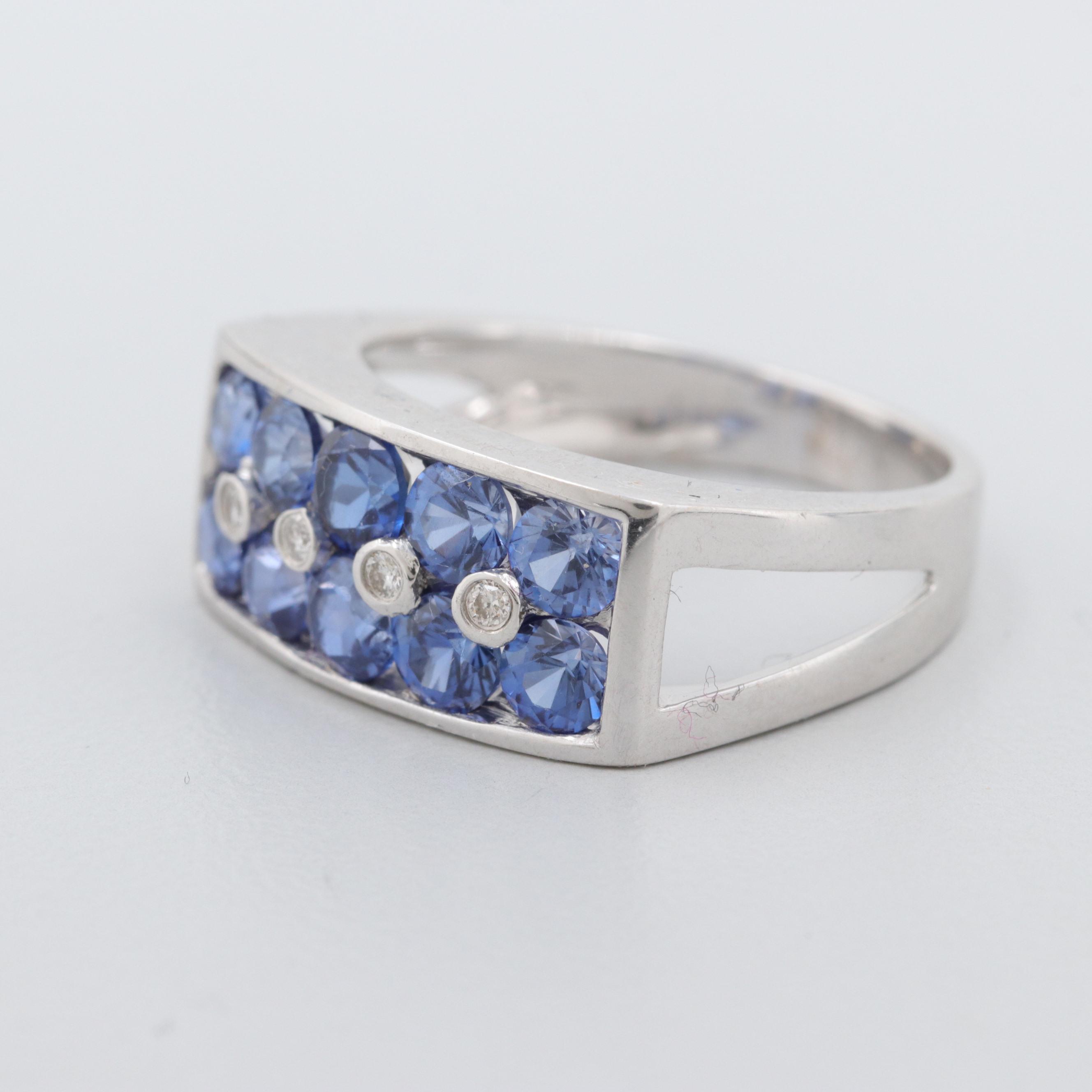 18K White Gold Diamond and Synthetic Blue Sapphire Ring