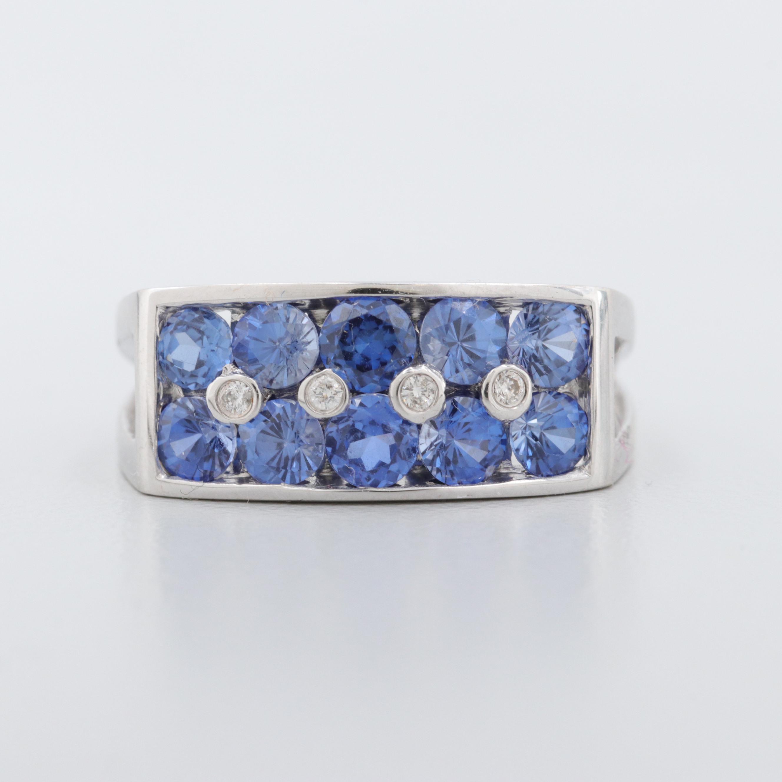 18K White Gold Diamond and Synthetic Blue Sapphire Ring