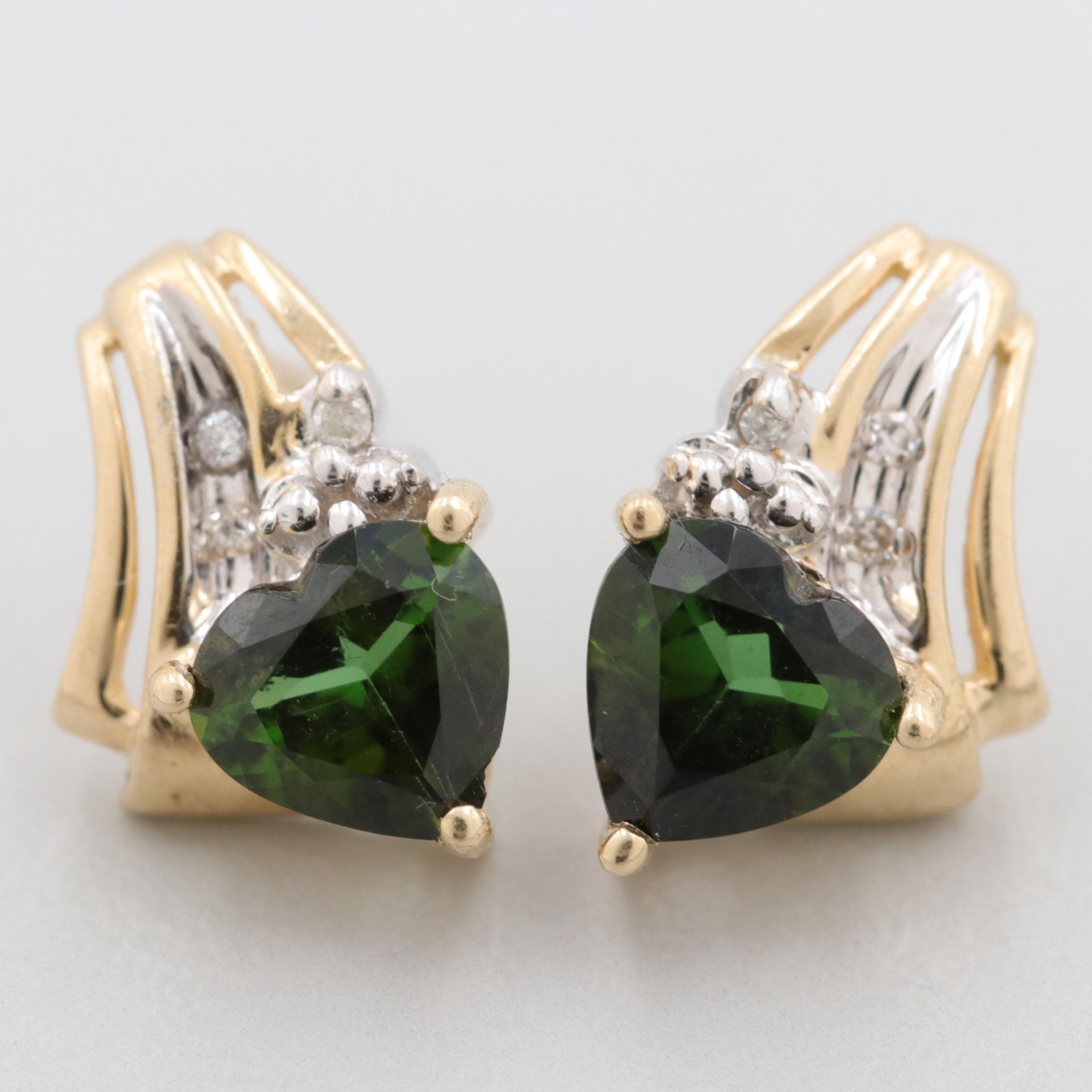 10K Yellow Gold Green Tourmaline and Diamond Stud Earrings