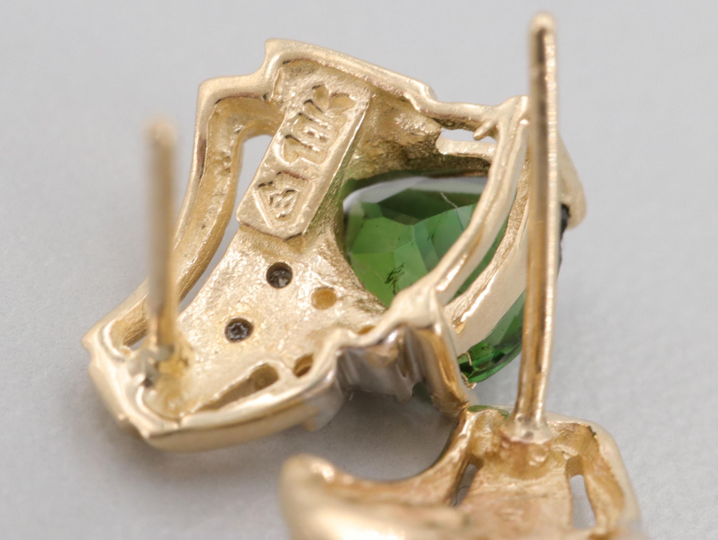 10K Yellow Gold Green Tourmaline and Diamond Stud Earrings