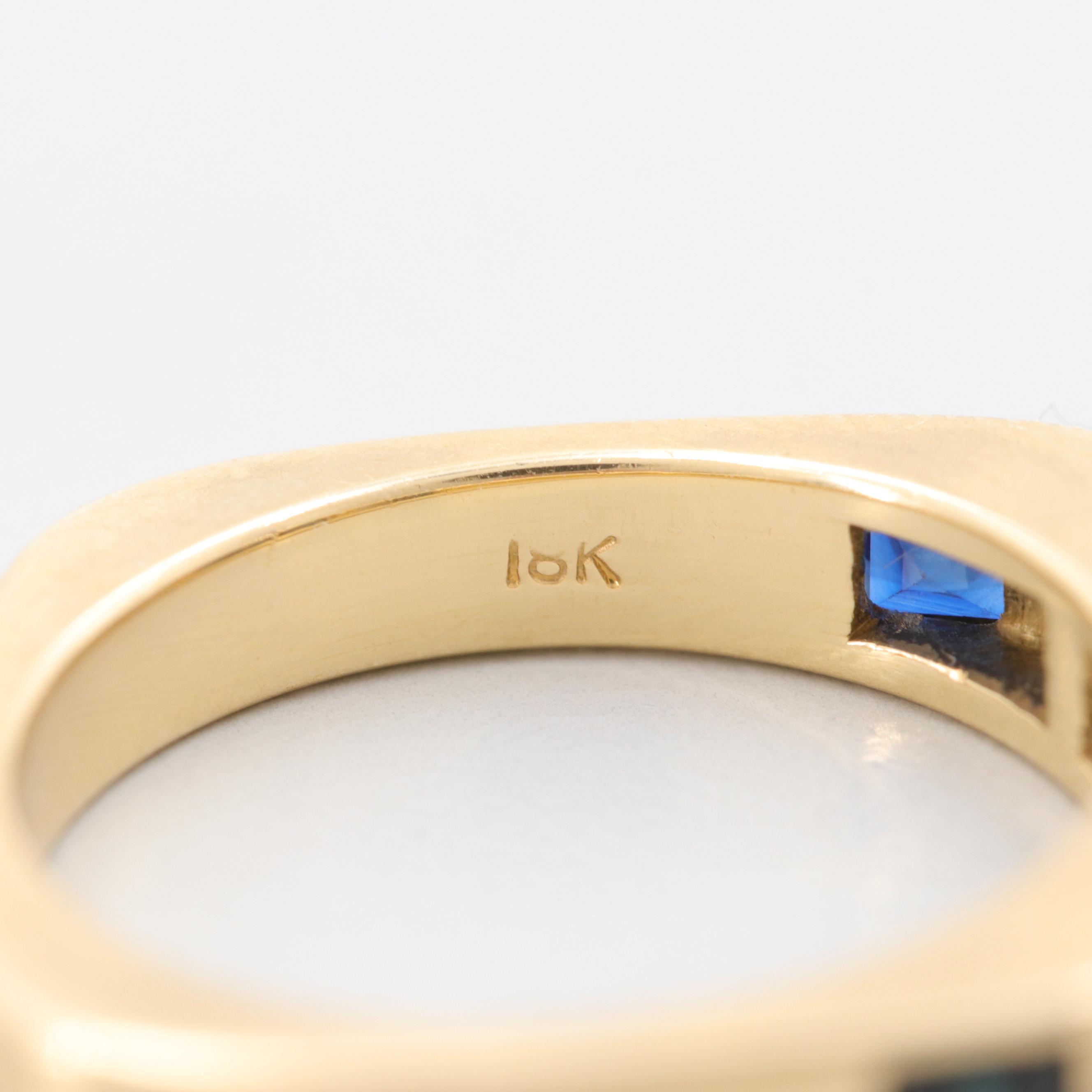 18K Yellow Gold Blue Sapphire and Diamond Square Ring