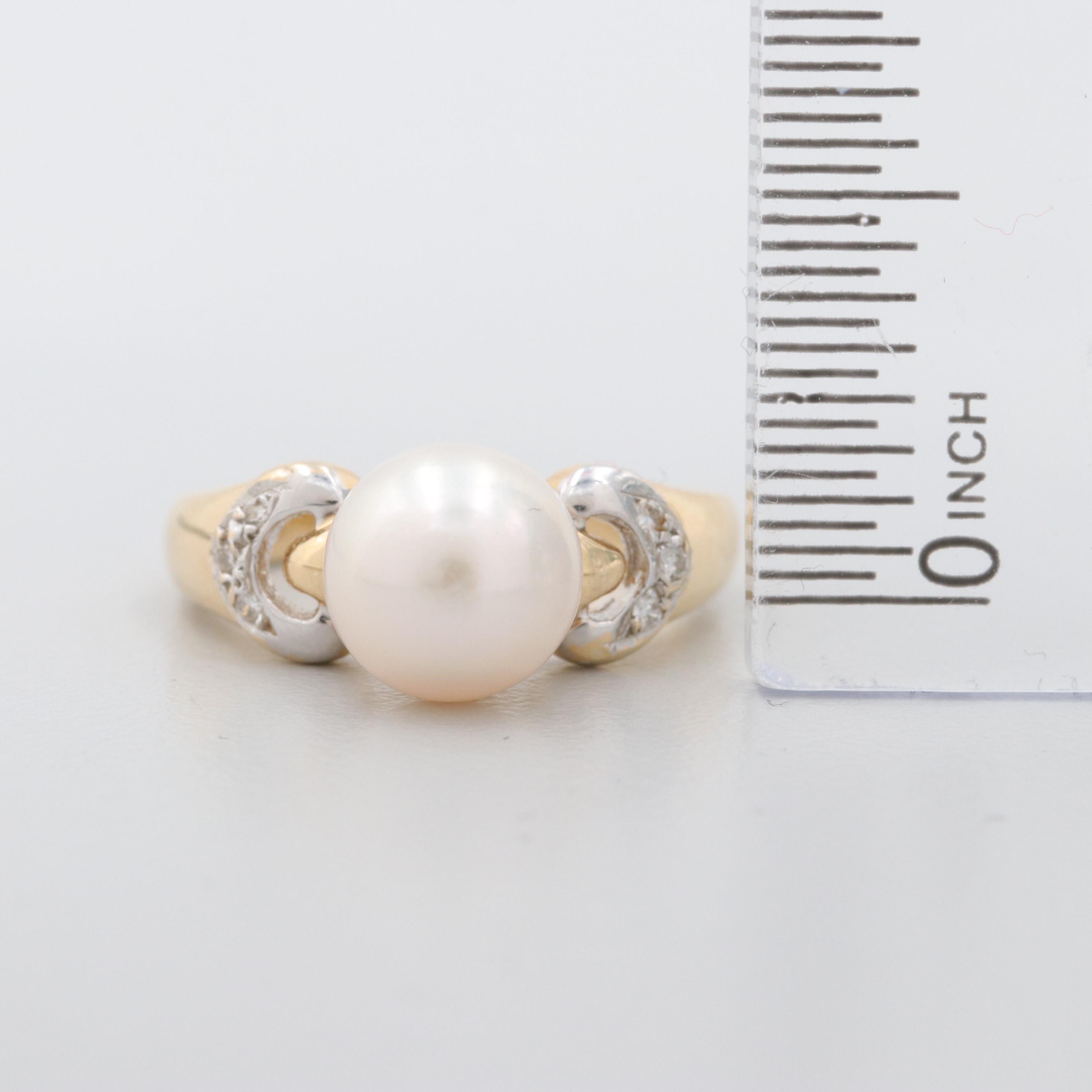 14K Yellow Gold Cultured Pearl and Diamond Ring