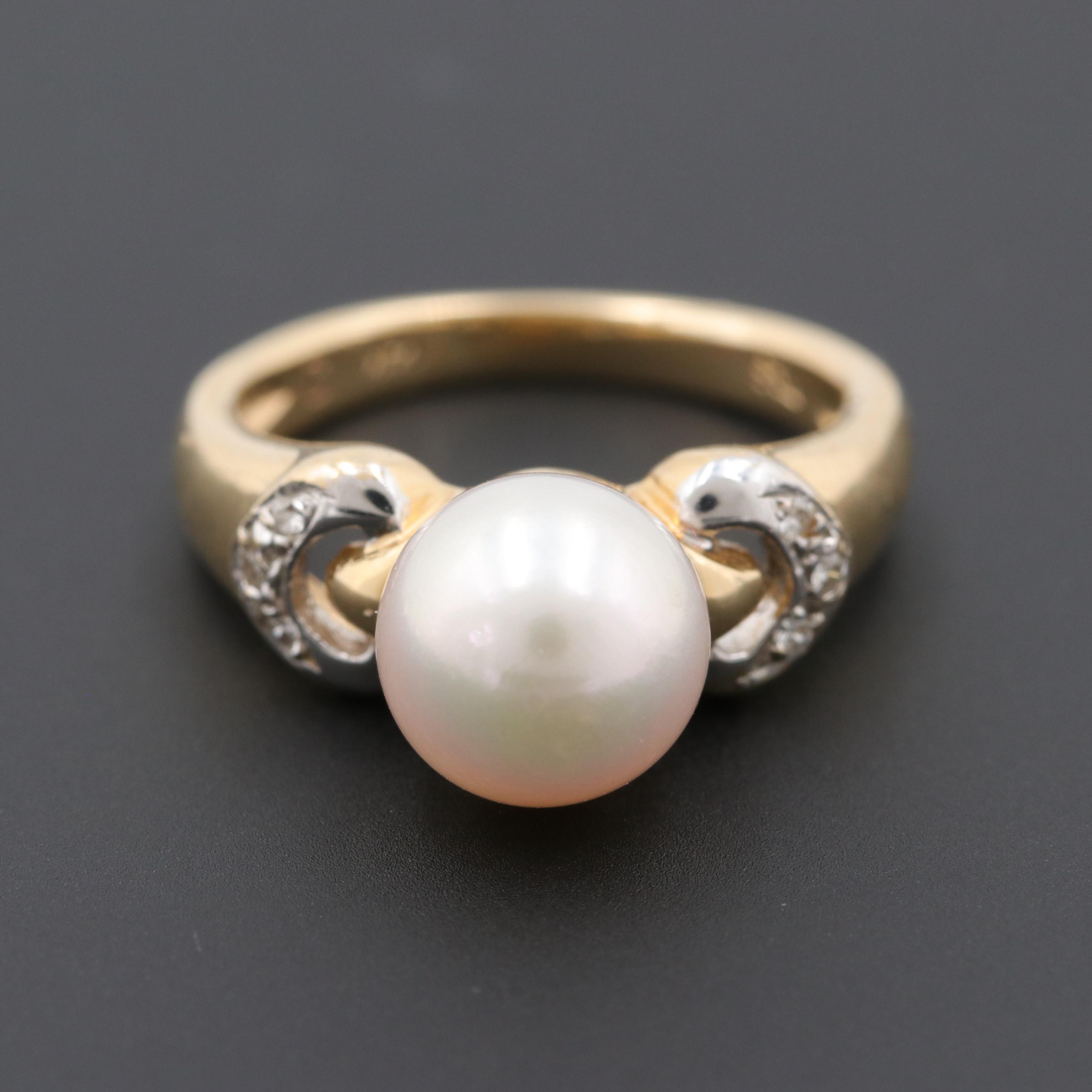 14K Yellow Gold Cultured Pearl and Diamond Ring