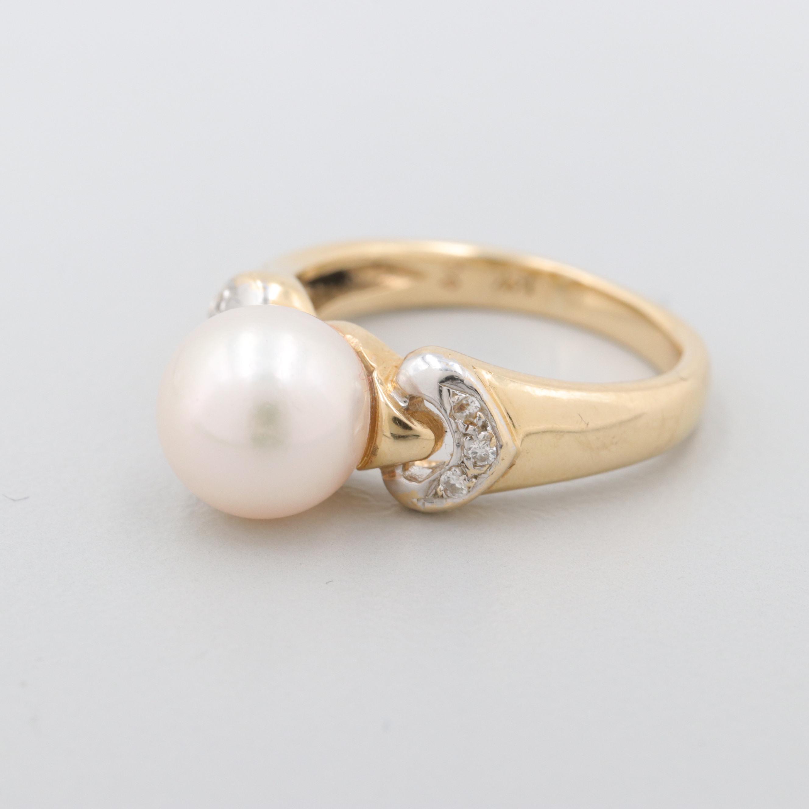 14K Yellow Gold Cultured Pearl and Diamond Ring