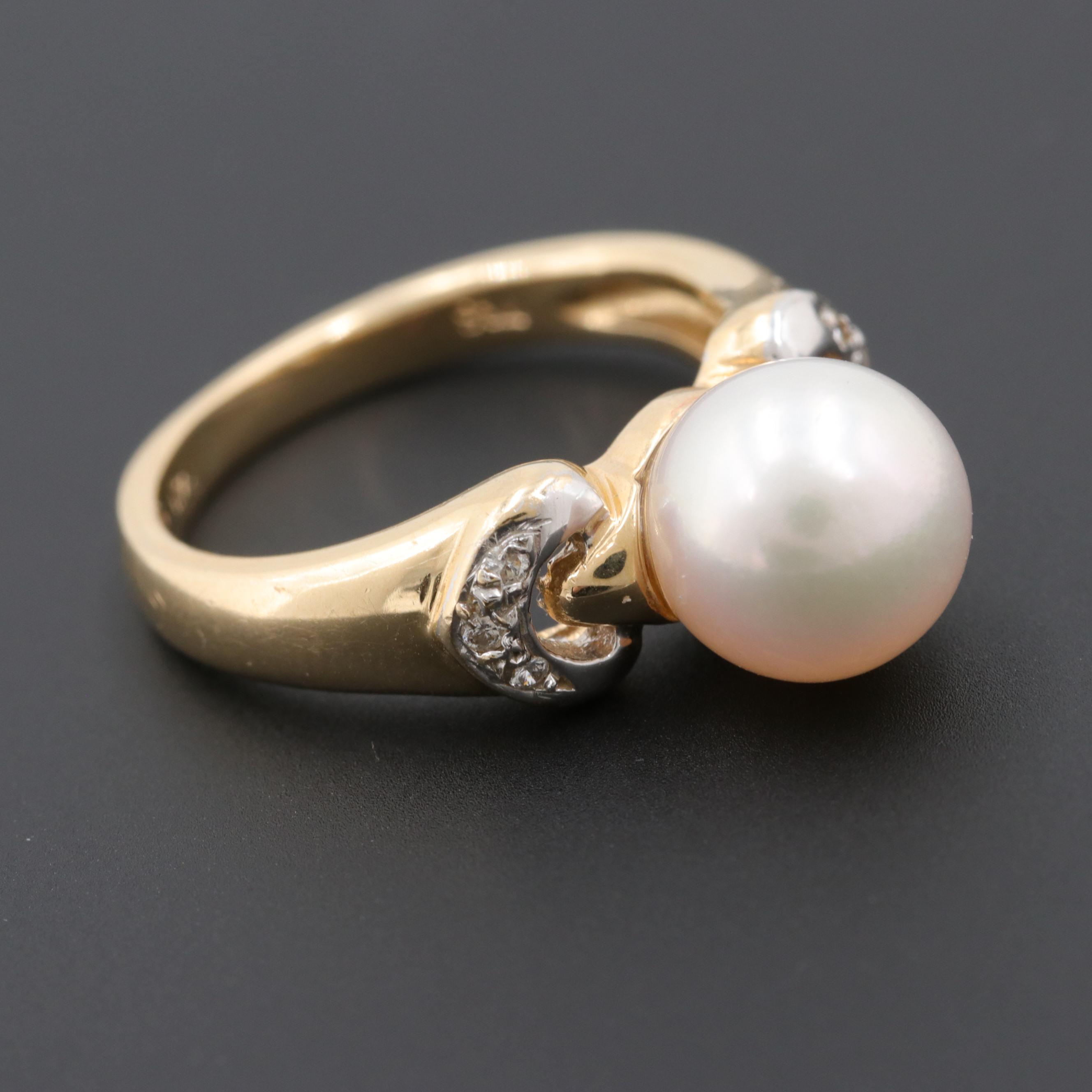 14K Yellow Gold Cultured Pearl and Diamond Ring