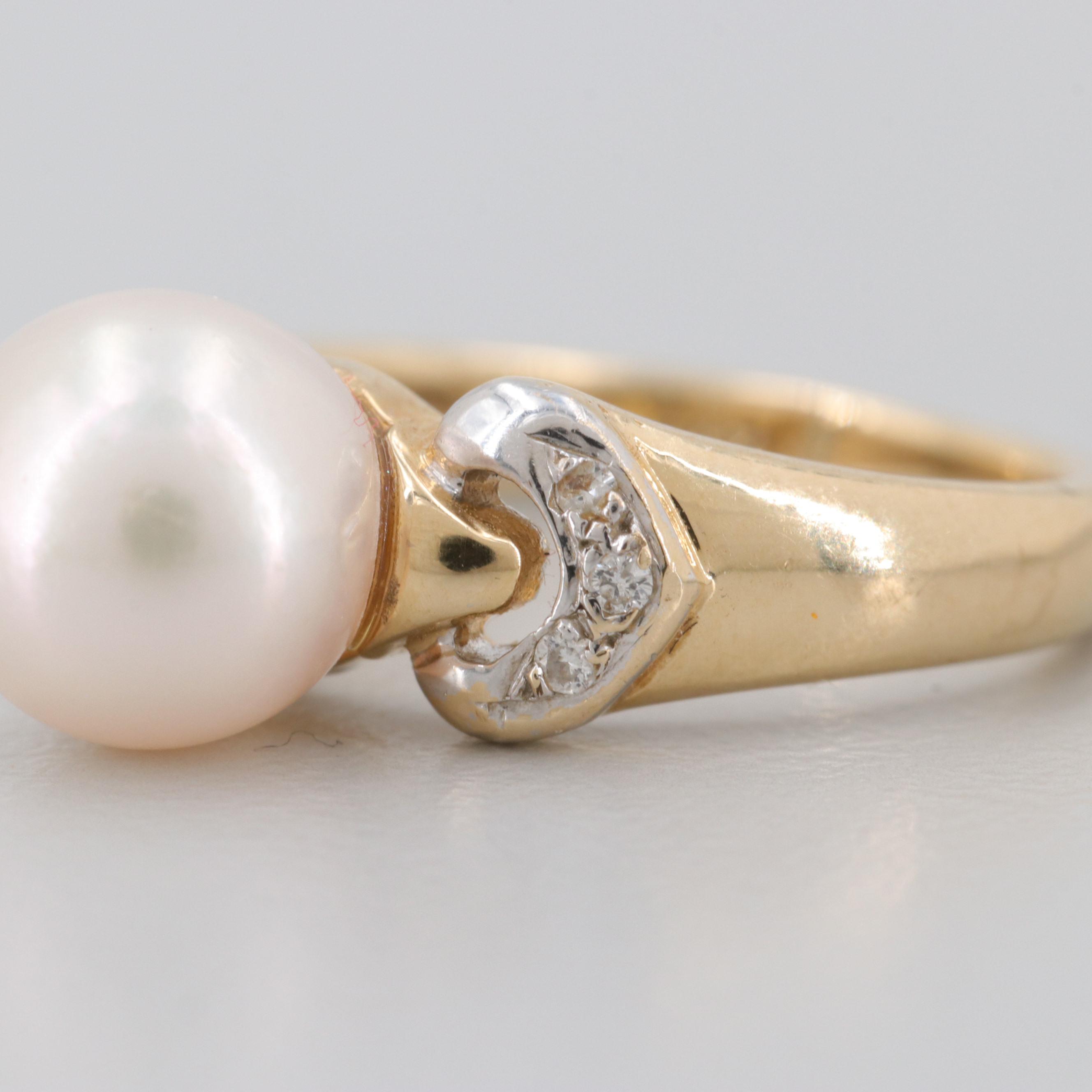 14K Yellow Gold Cultured Pearl and Diamond Ring