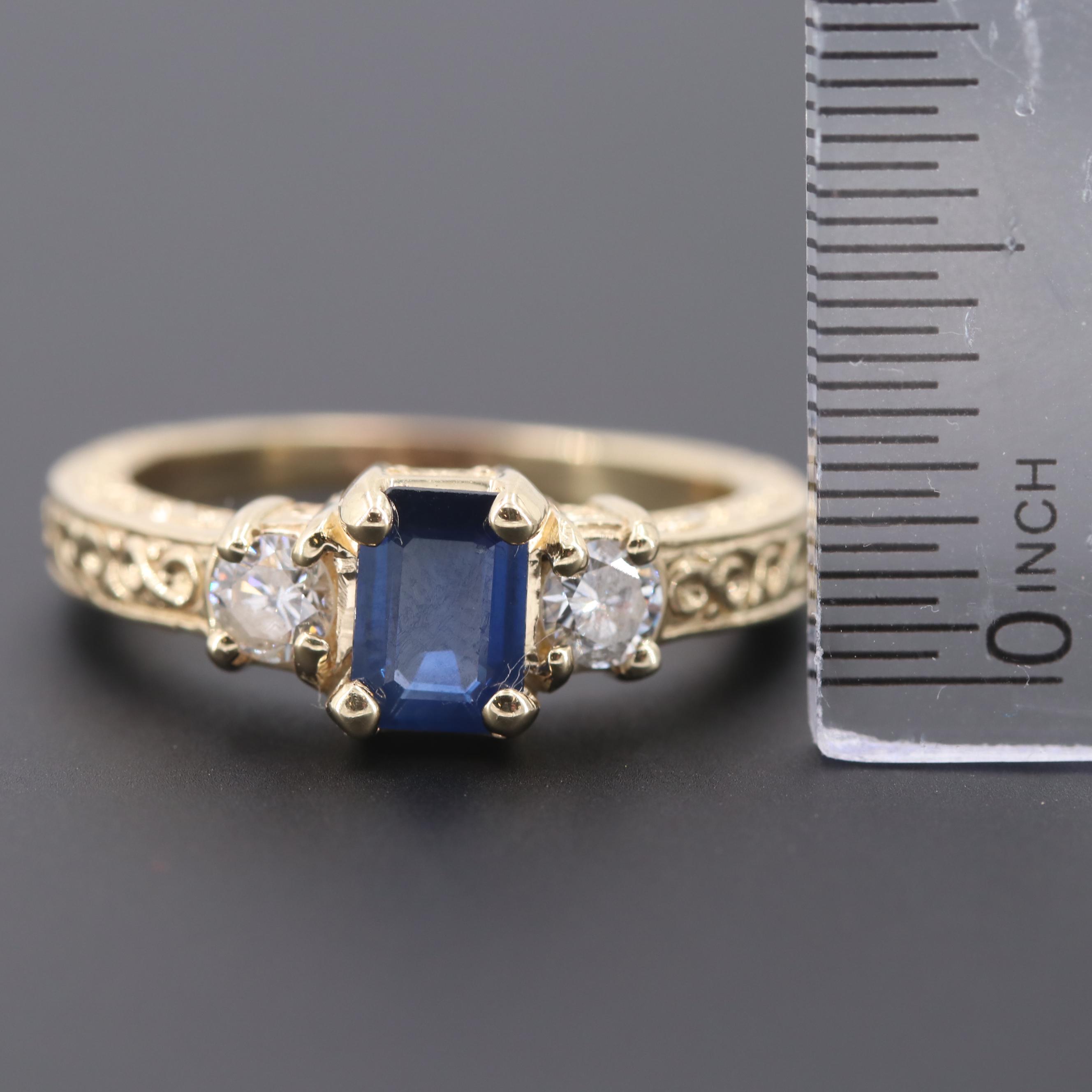 Antique Style 14K Yellow Gold Blue Sapphire and Diamond Ring