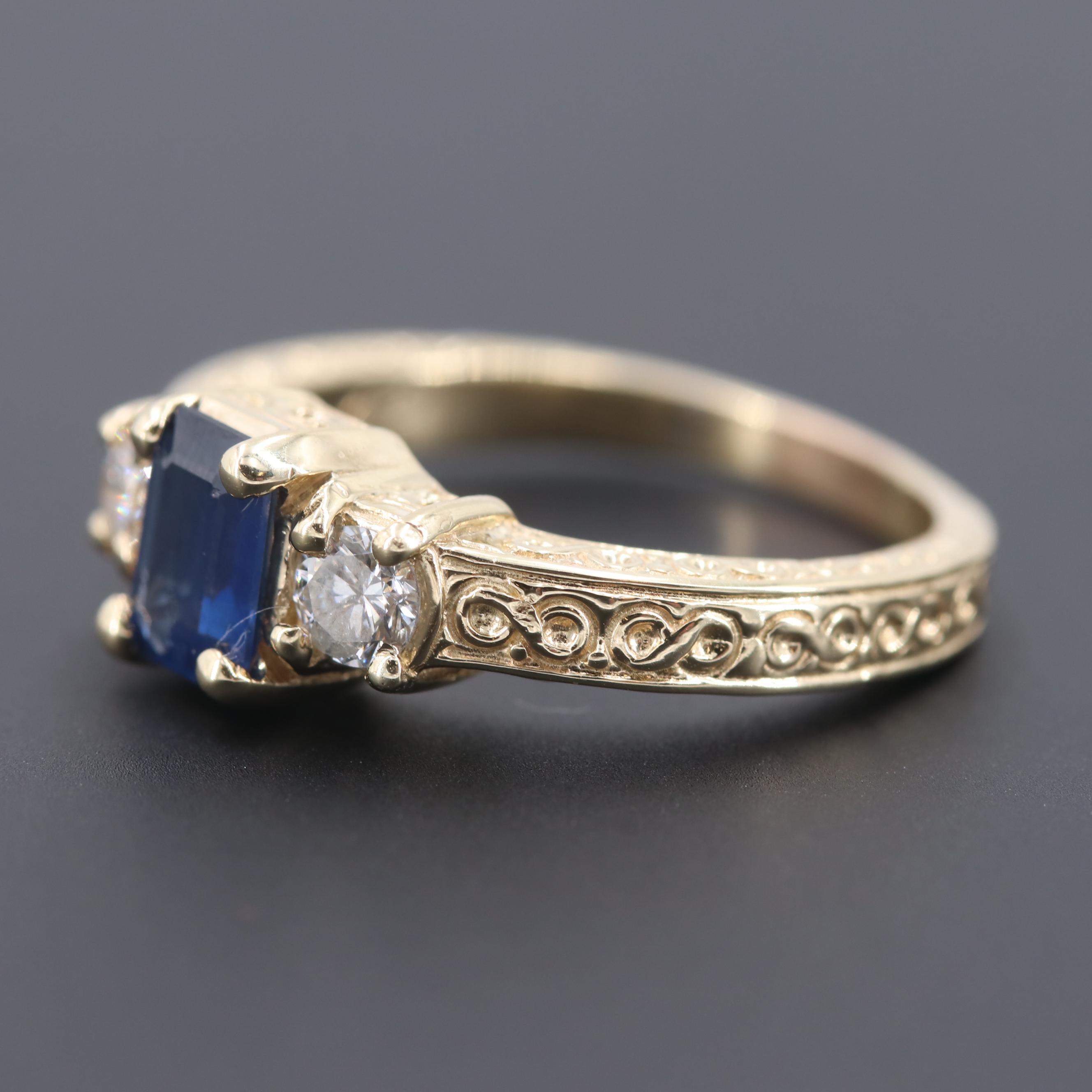 Antique Style 14K Yellow Gold Blue Sapphire and Diamond Ring
