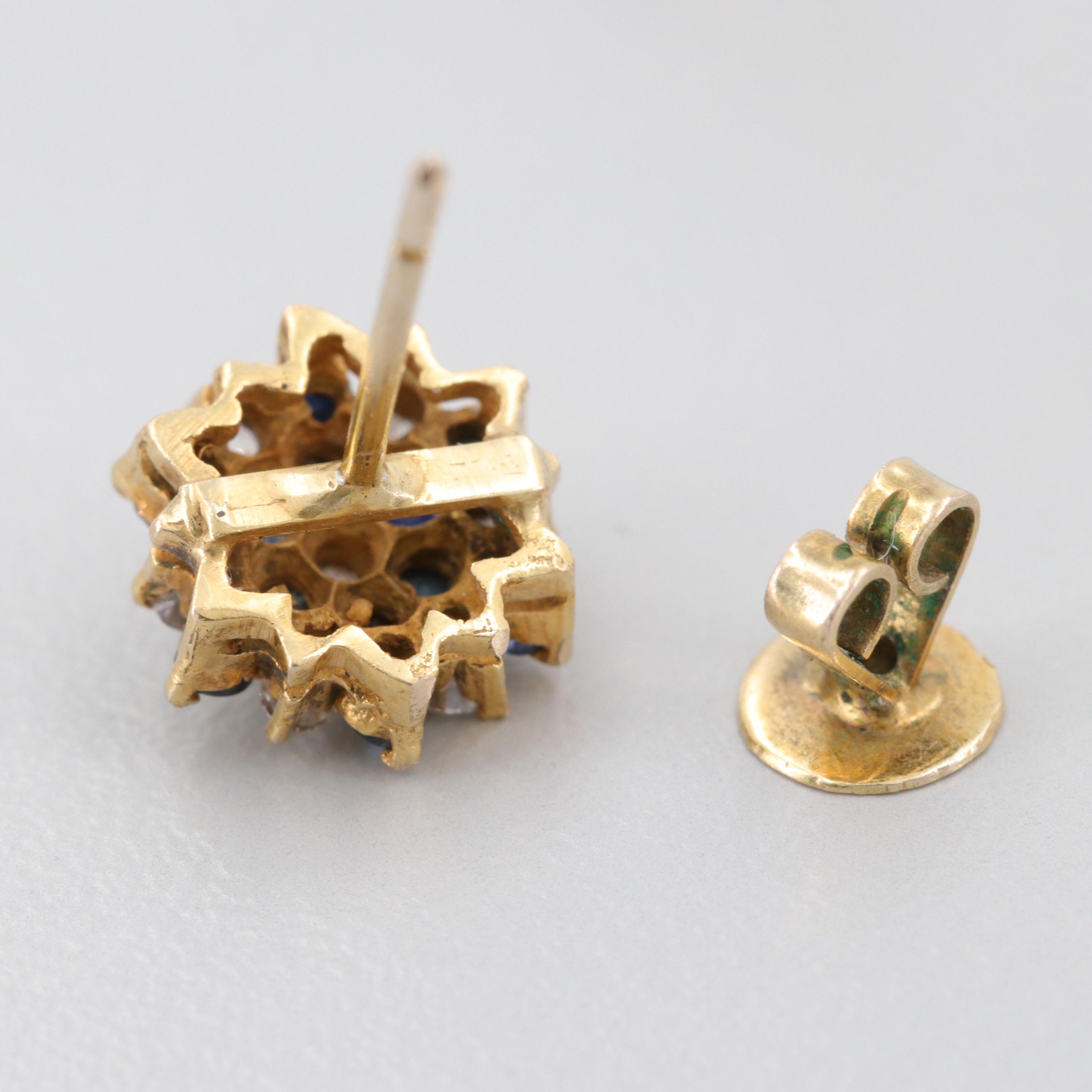 Cubic Zirconia and Blue Sapphire Cluster Stud Earrings