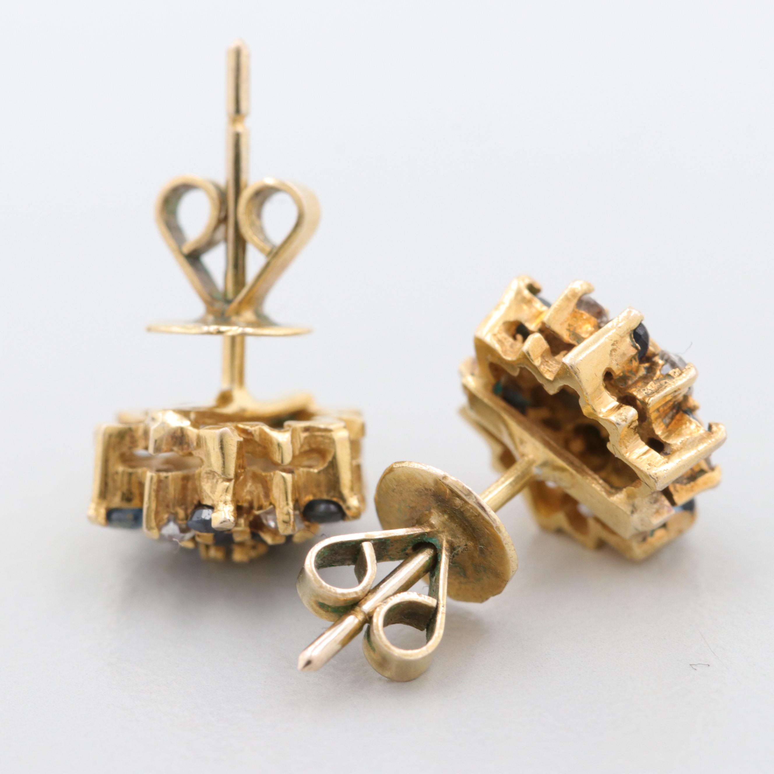 Cubic Zirconia and Blue Sapphire Cluster Stud Earrings