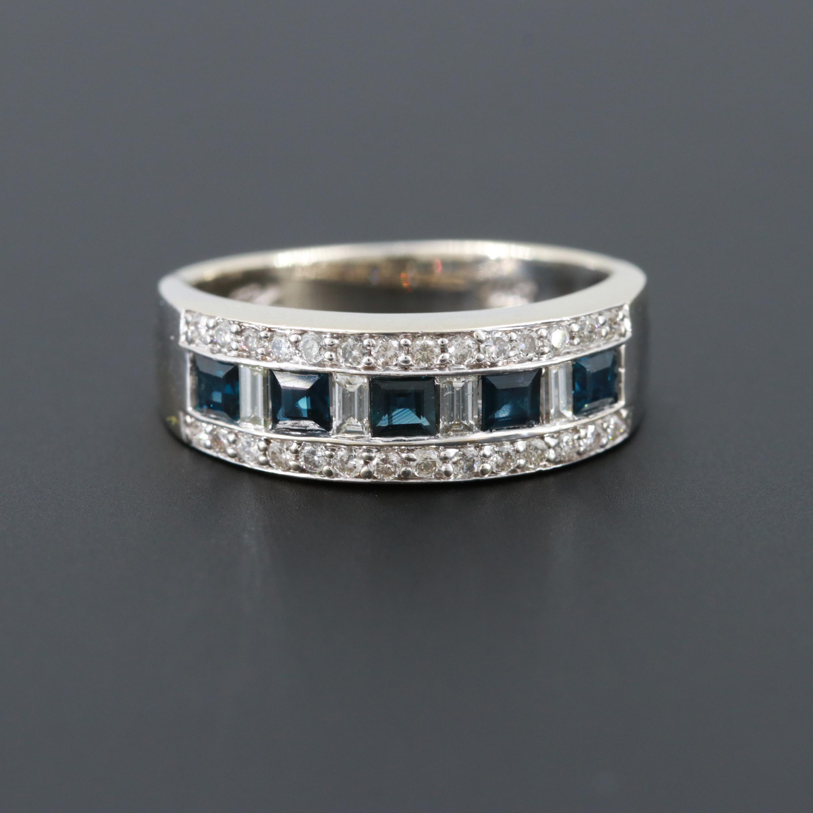 14K White Gold Blue Sapphire and Diamond Ring