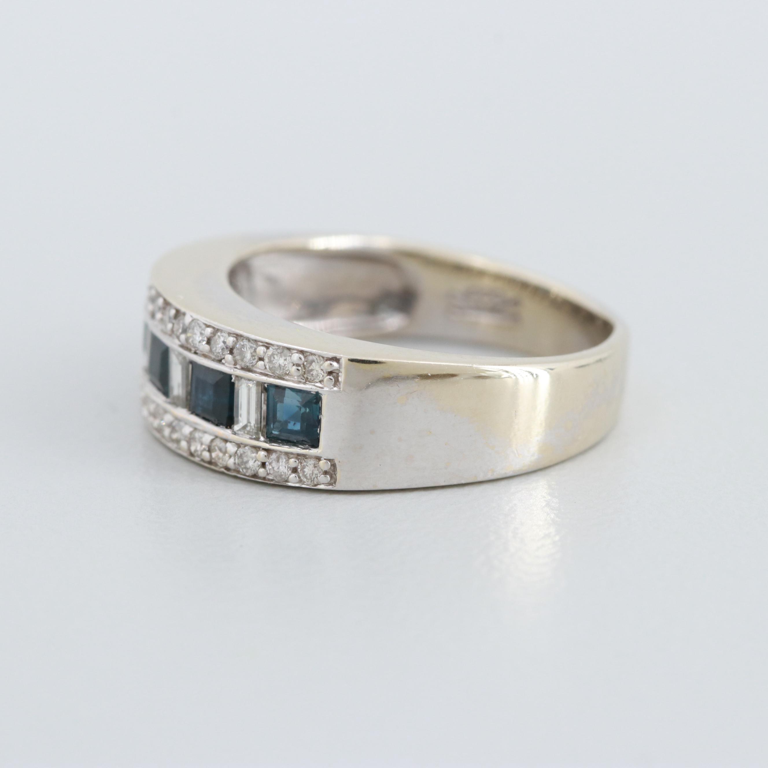 14K White Gold Blue Sapphire and Diamond Ring