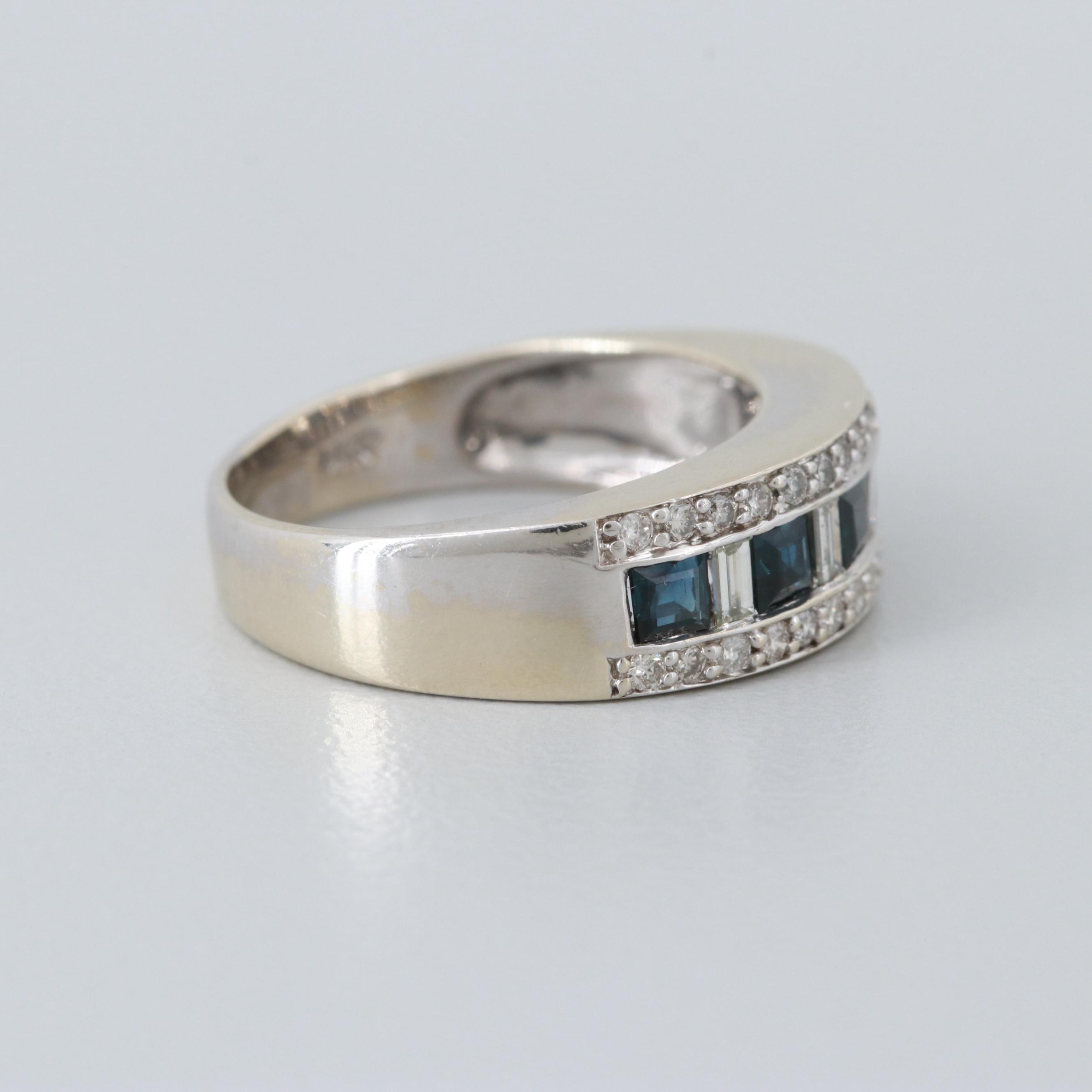14K White Gold Blue Sapphire and Diamond Ring
