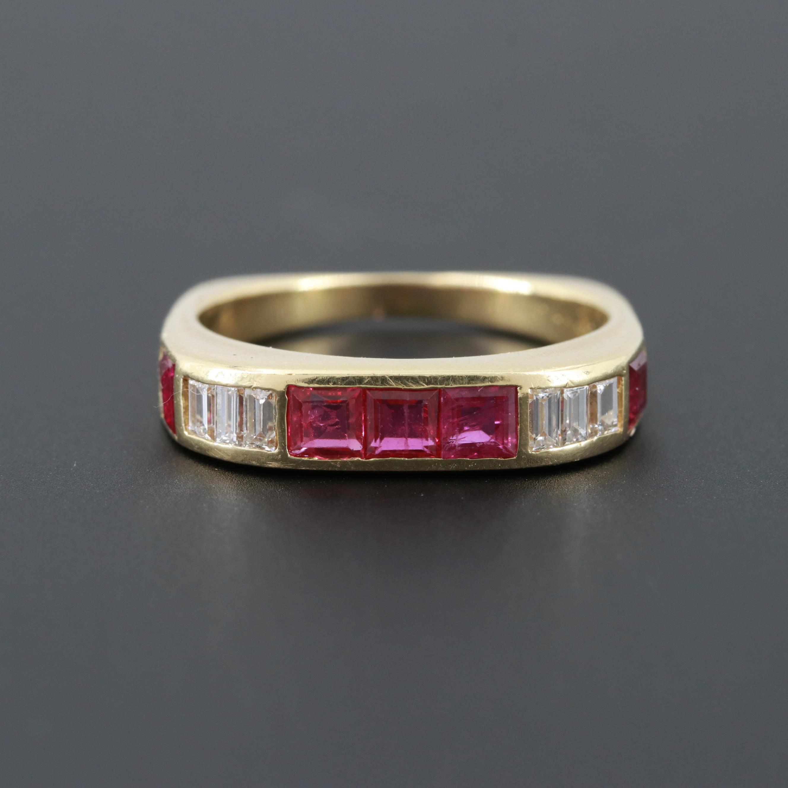 18K Yellow Gold Ruby and Diamond Square Ring