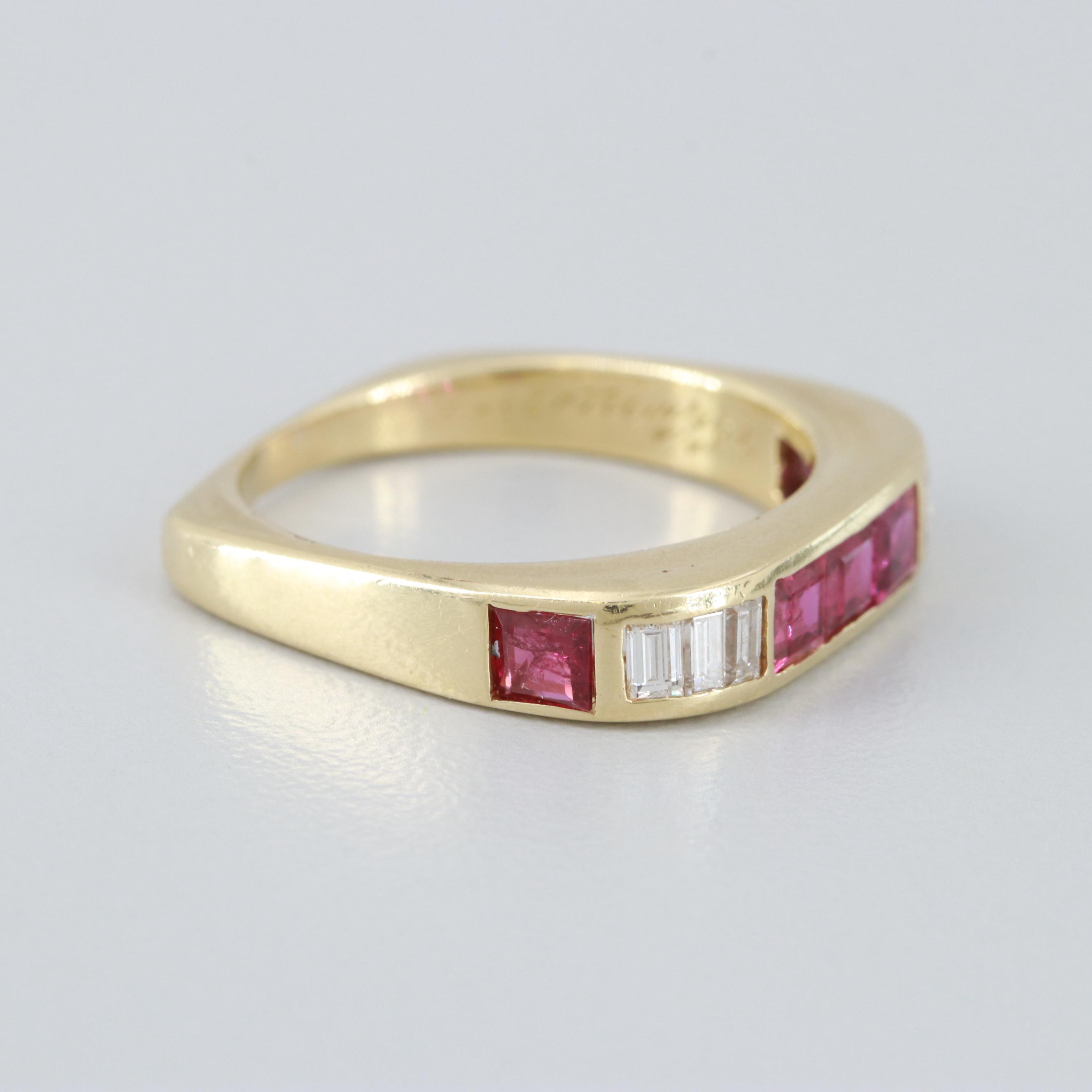 18K Yellow Gold Ruby and Diamond Square Ring