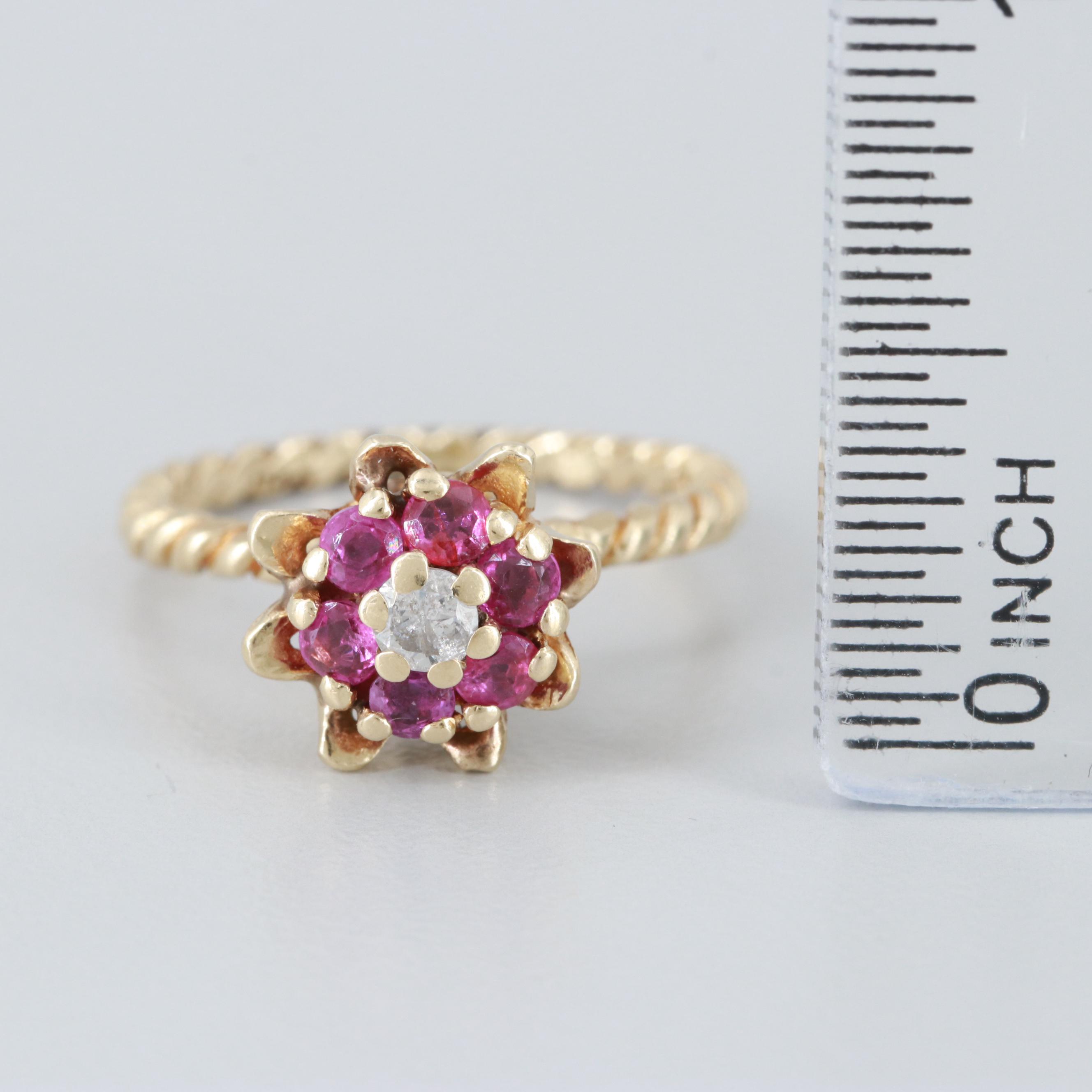 14K Yellow Gold Diamond and Ruby Floral Motif Ring